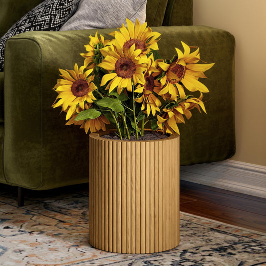 SHYFOY Fluted Wooden Round Indoor Outdoor Planters, Cylinder Decorative Floor Vase Flower Plant Pots for Living Room Dining Bedroom Home Corner