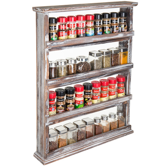 MyGift Wooden Spice Rack Wall Mount, Hanging 4 Tier Seasoning Jar Shelf Organizer, Condiment Storage for Kitchen, Pantry, Large Spice Organization, Vintage Rustic Torched