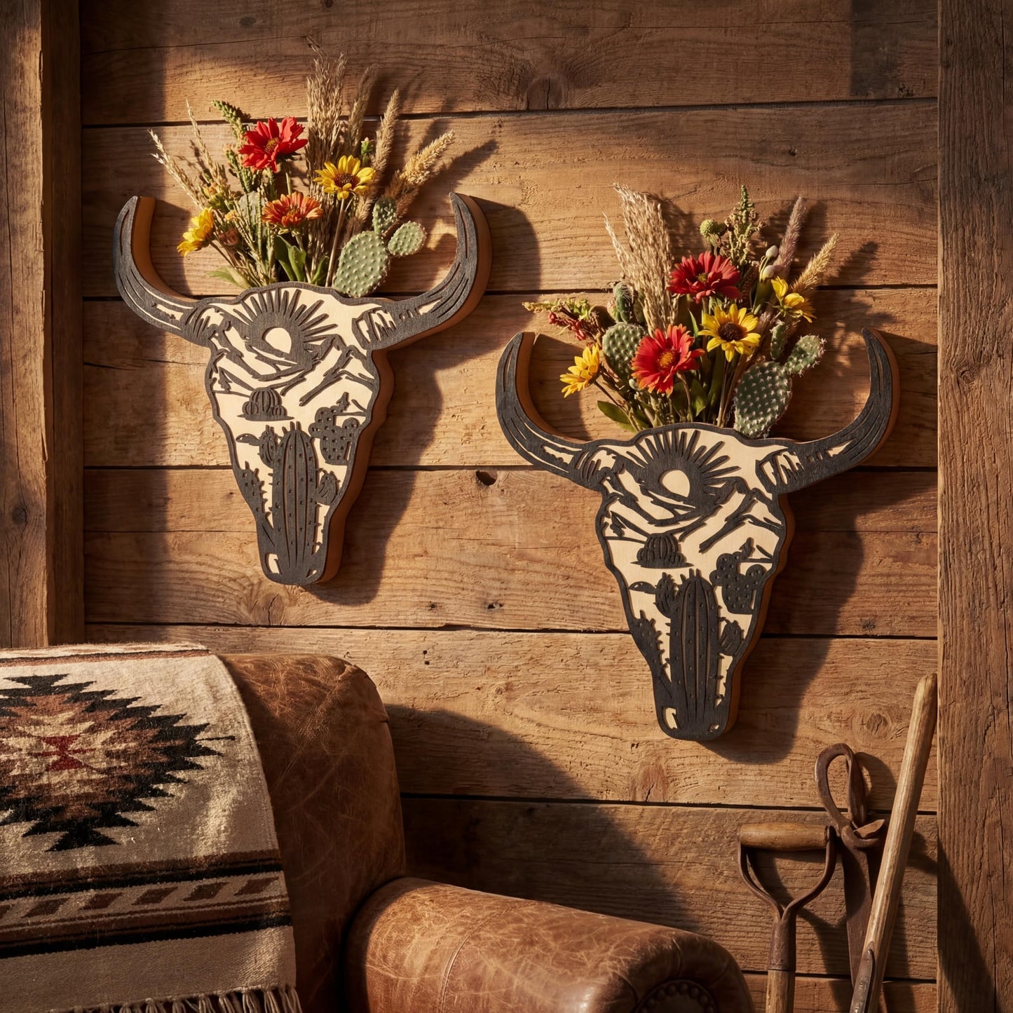 Yiyiring 2 Pcs Western Wall Decoration Wood Cow Skull Wall Planter for Indoor Plants 12 x 8'' Western Flower Hanging Vase for Flower Faux Rustic Home Ornaments for Bathroom Bedroom