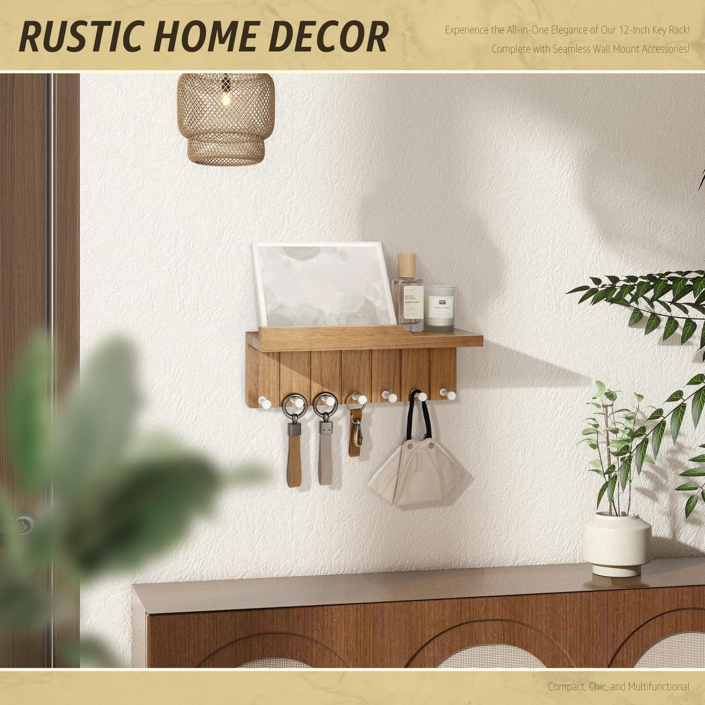 Rebee Vision Decorative Key Holder Wall Mount - Modern Farmhouse Key and Mail Holder for Wall with 7 Hooks and Floating Shelf - The Perfect Apartment Essentials in Your Home Decor (Light Brown)