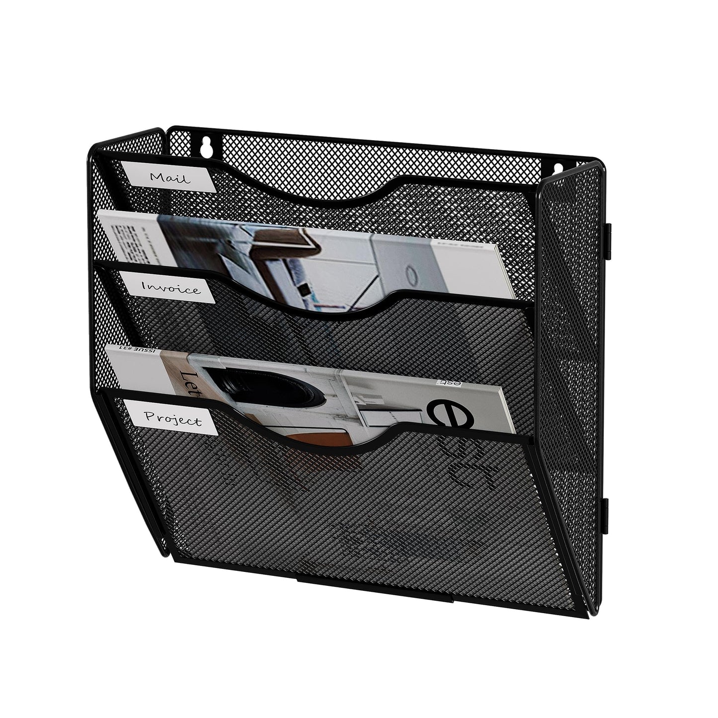 Senhoglb File Folder Organizer, 3-Tier Mesh Hanging Wall File Holder, Magazine Rack, Wall File Organizer With Pockets, Metal Document Organizer, Mail Organizer Wall Mounted for Office Home, Black