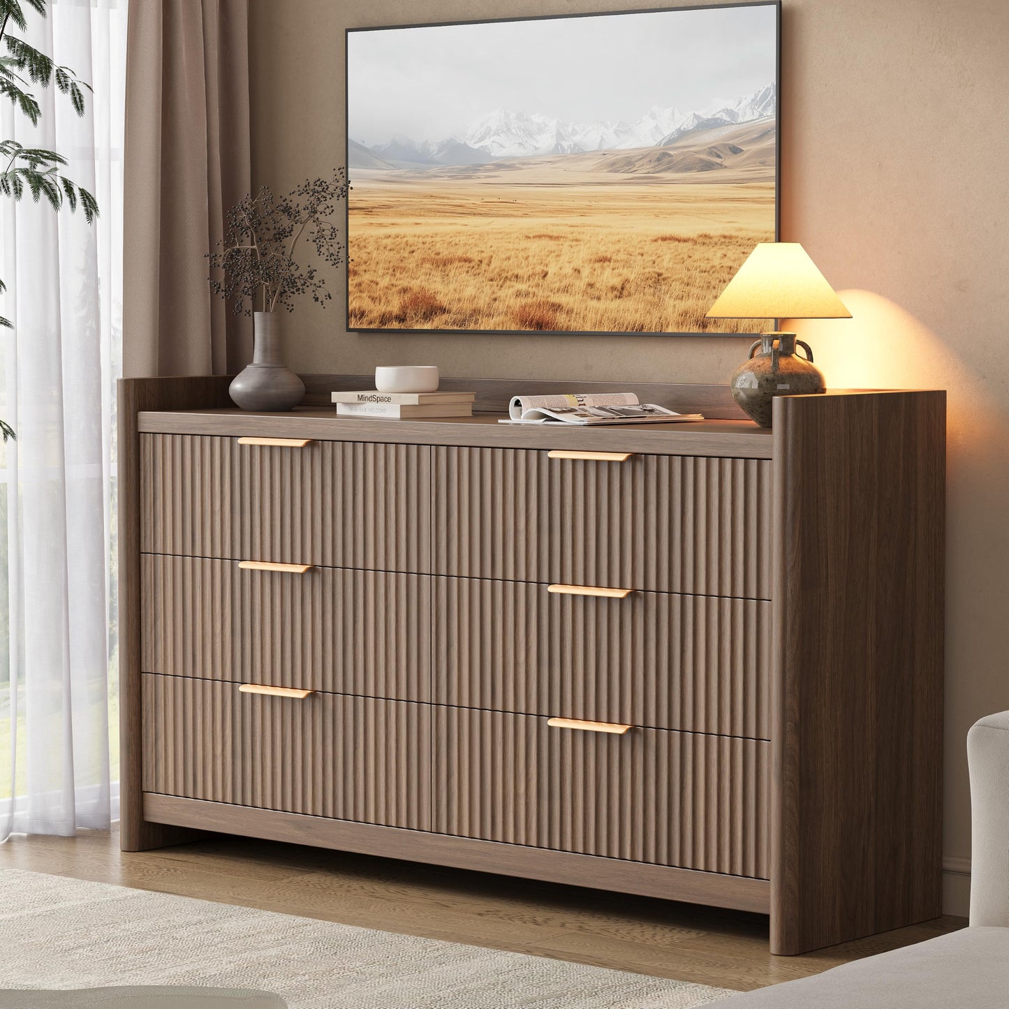 Decofy 6 Drawer Dresser for Bedroom, Fluted Dressers with Rounded Edge & Raised Lip Top, Anti-Tip Chest of Drawers for Living Room, Hallway, Entryway, Walnut
