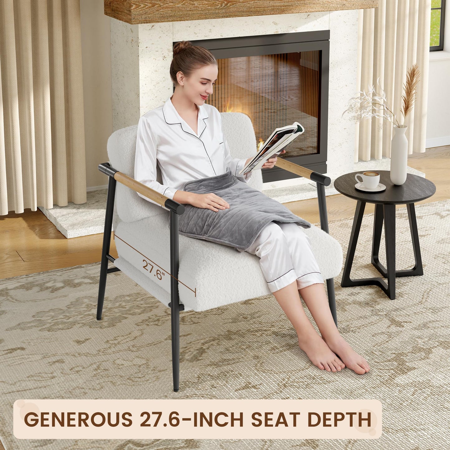 Garvee Modern Accent Chair, Comfy Chair with Metal Frame Wooden Armrest, Cozy Reading Chair with Soft Cushion for Bedroom, Living Room, White Set of 2