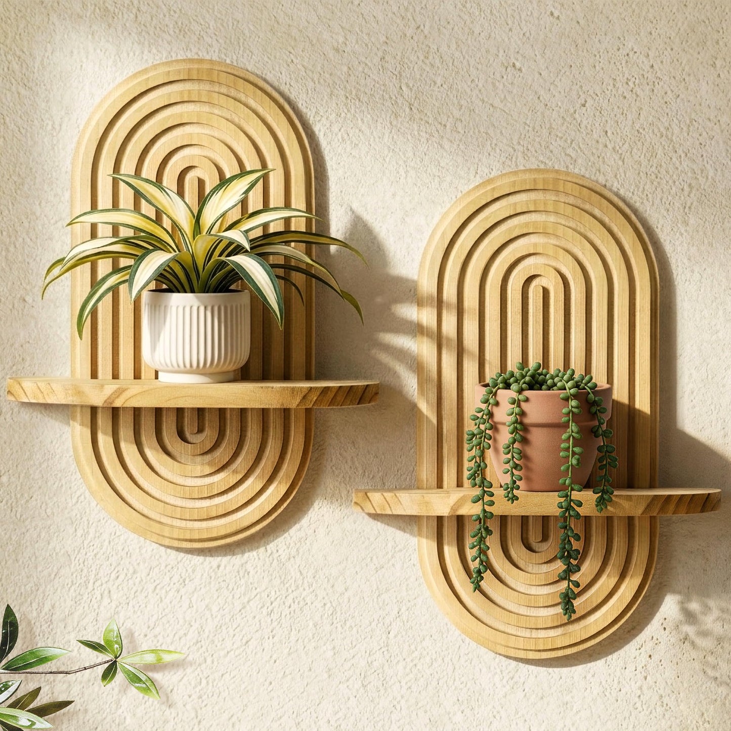 Heiple Set of 2 Boho Arched Floating Shelves 15.7”x 7.8” Plant Wooden Hanging Shelf for Living Room Bedroom Nursery Mid Century Modern Wall Decor Office Holding Planter (Brown, 11.7 * 15.7)