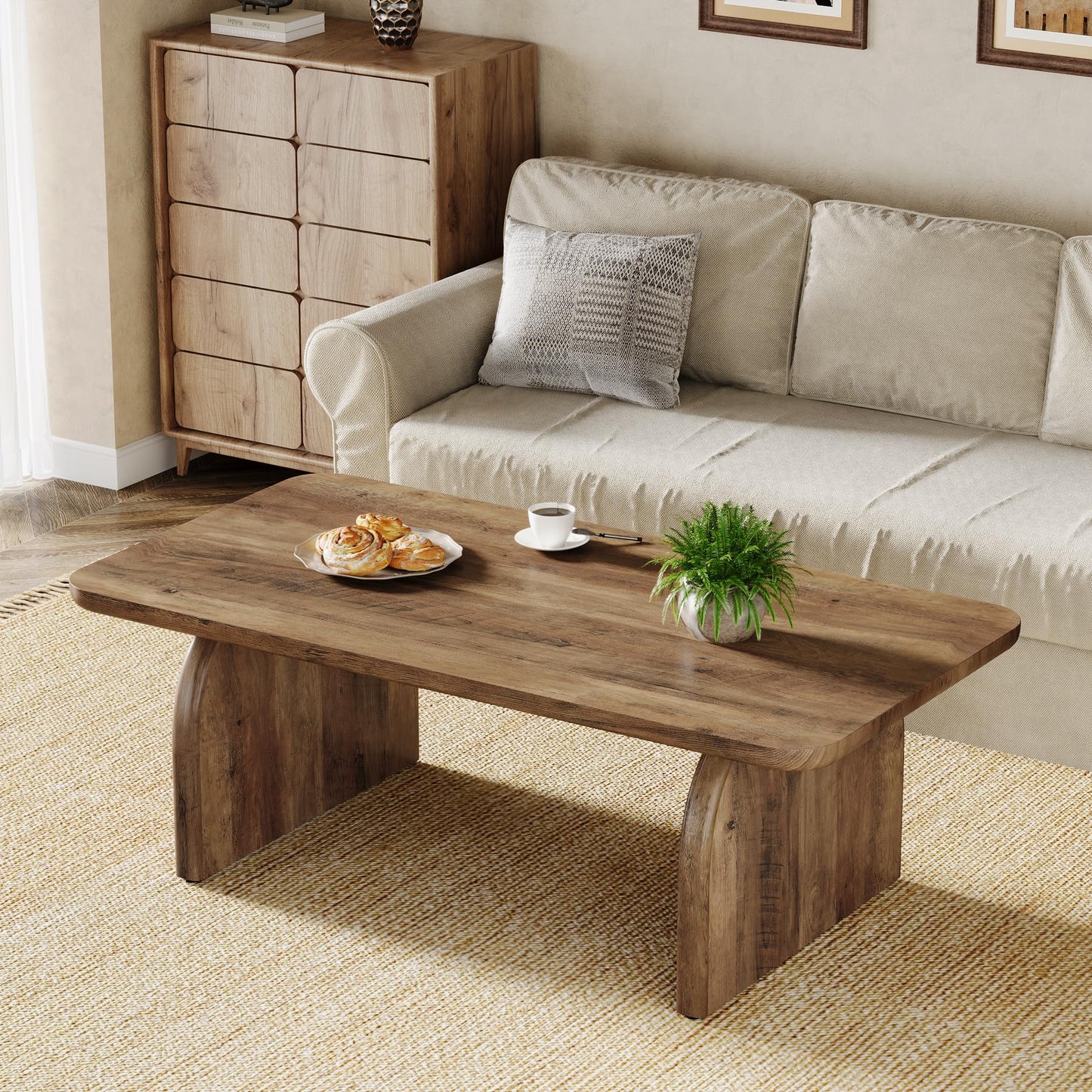 Tribesigns Rectangle Coffee Table, 47-Inch Wood Rectangular Living Room Table, Farmhouse Accent Center Low Cocktail Tea Table with Sturdy Base & Rounded Corners, Easy Assembly (Rustic Brown)