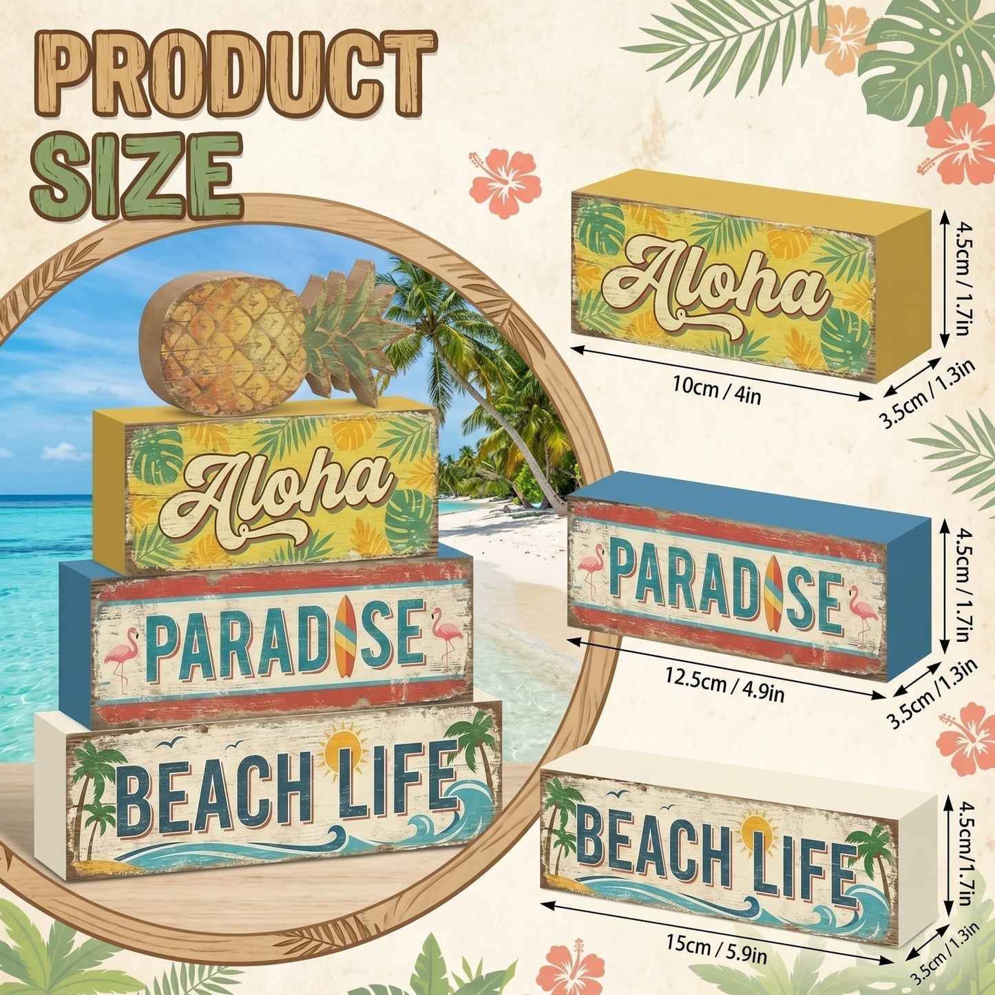 4 Pcs Tropical Pineapple Party Decorations Summer Hawaiian Luau Table Wooden Signs Summer Beach Tiered Tray Decor Fruit Home Bar Shelf Sitter Aloha Paradise Tiki Table Top Gifts