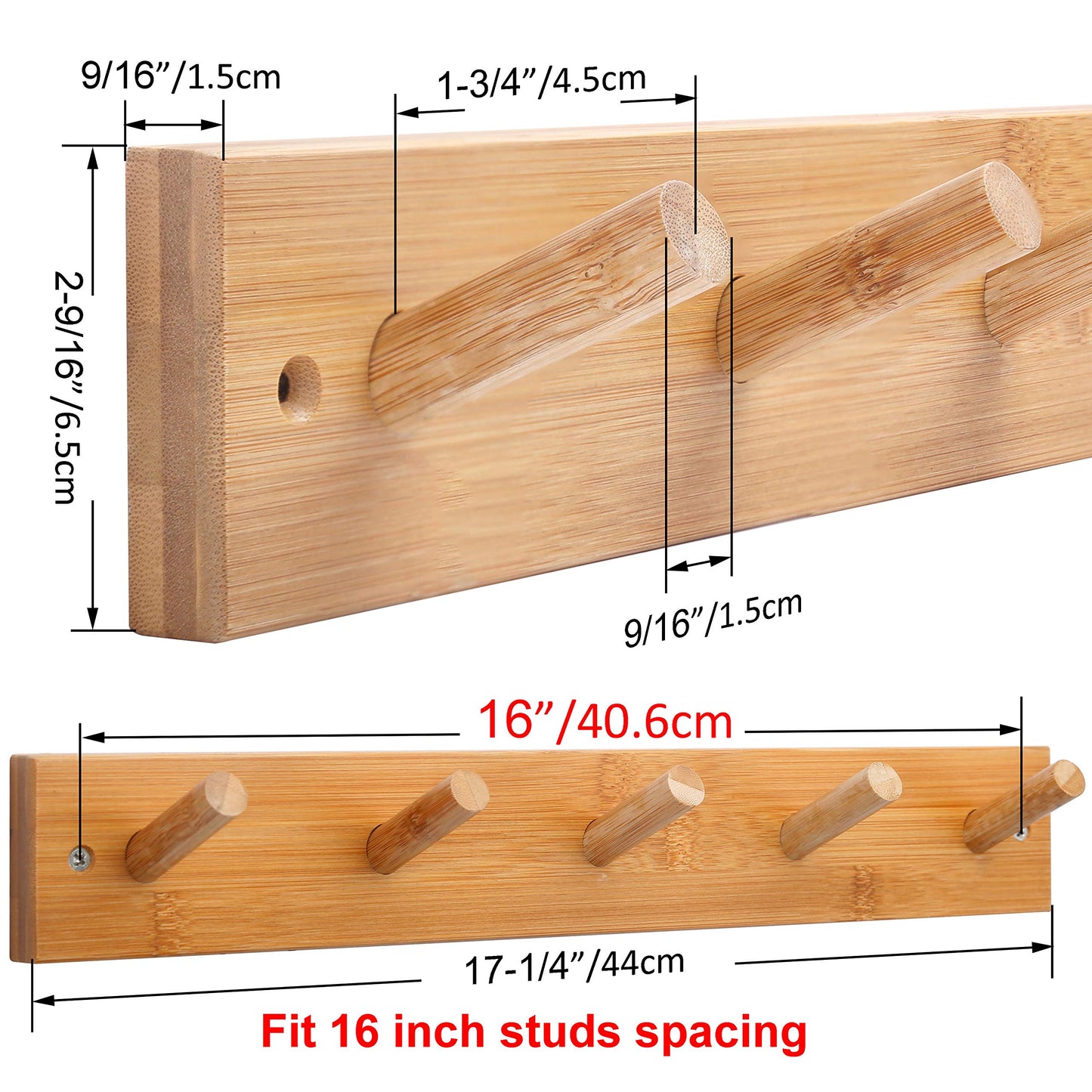 WEBI Coat Rack Wall Mounted,16" Hole to Hole,Coat Hanger Wall Mount with 5 Hooks for Hanging Coats,Hook Rack Peg Rail for Hats,Jacket,Clothes,Towels,Natural