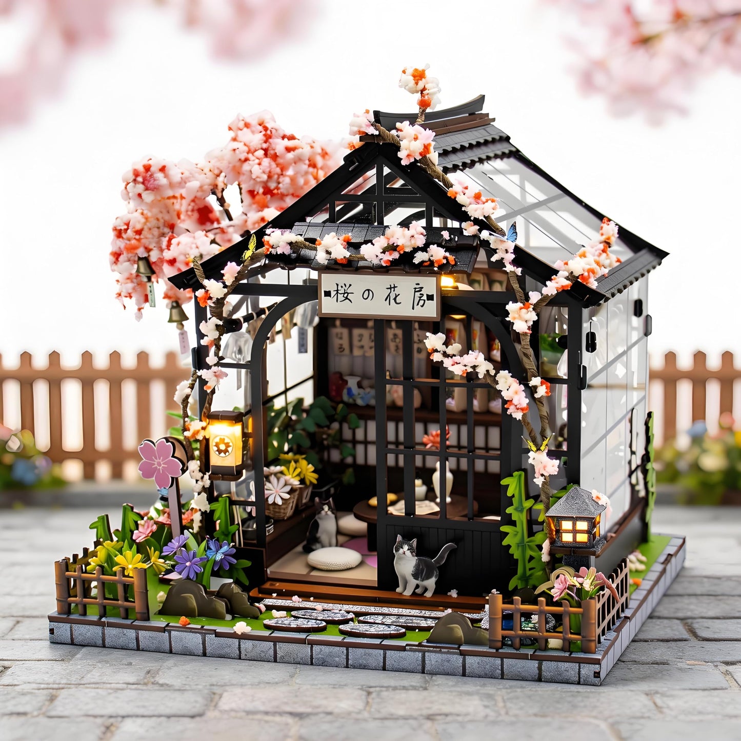 Ahilmrn DIY Miniature Dollhouse Kit Tiny 3D Wooden Puzzle Japanese Sakura Flower House with Furniture LED Light Creative Craft Gift for Adults Home Decor