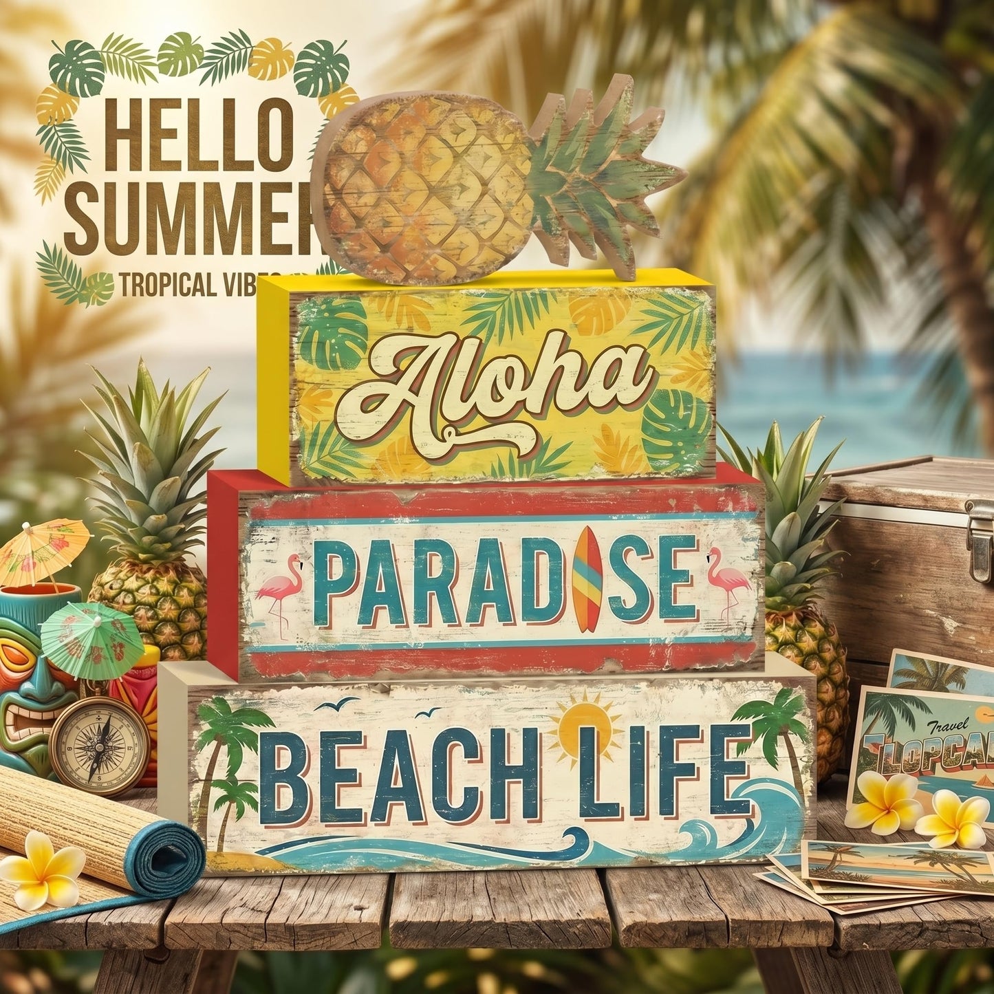 4 Pcs Tropical Pineapple Party Decorations Summer Hawaiian Luau Table Wooden Signs Summer Beach Tiered Tray Decor Fruit Home Bar Shelf Sitter Aloha Paradise Tiki Table Top Gifts