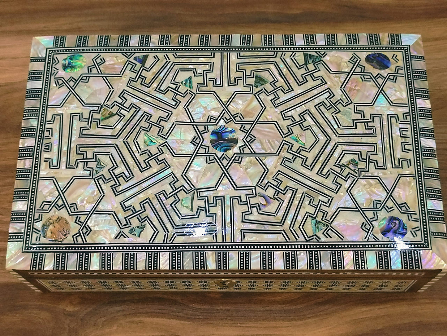 FAMA.store Handmade Egyptian Jewelry Box – Mother of Pearl Inlay – Decorative Wooden Trinket Box for Women Oriental Keepsake Storage Organizer (10.6" x 6.6" x 3"inch M09)