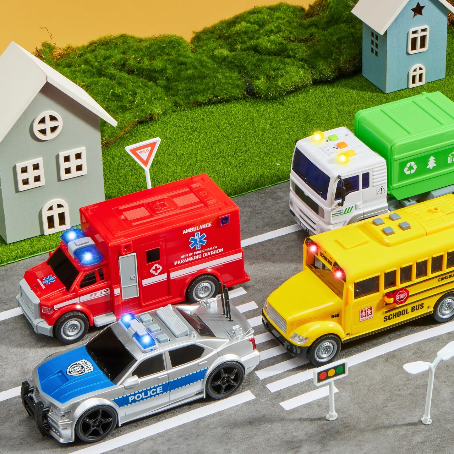 JOYIN 4 Pcs 7" Long Vehicle Toy Set, Toddlers Cars with Lights and Siren Sound, Including Play Police Car, School Bus, Garbage Truck, Ambulance, Birthday Party Gifts Toys for Boys 3-5