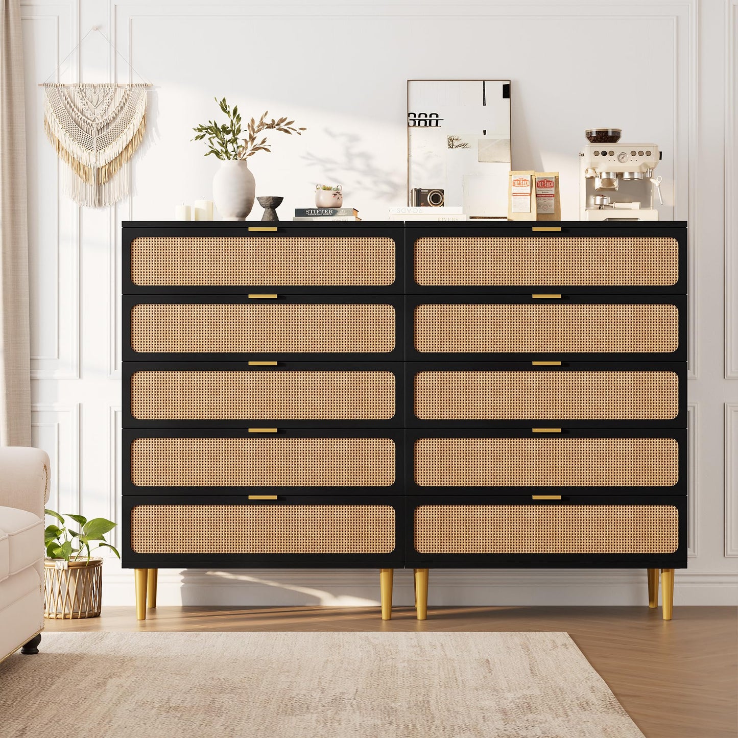 GarveeHome Rattan 5 Drawer Dressers for Bedroom, Tall Dresser with Deep Drawers, Large Chest of Drawers for Closet with Wide Top, Long Wooden Dresser for Living Room, Hallway, Kids Room, Black