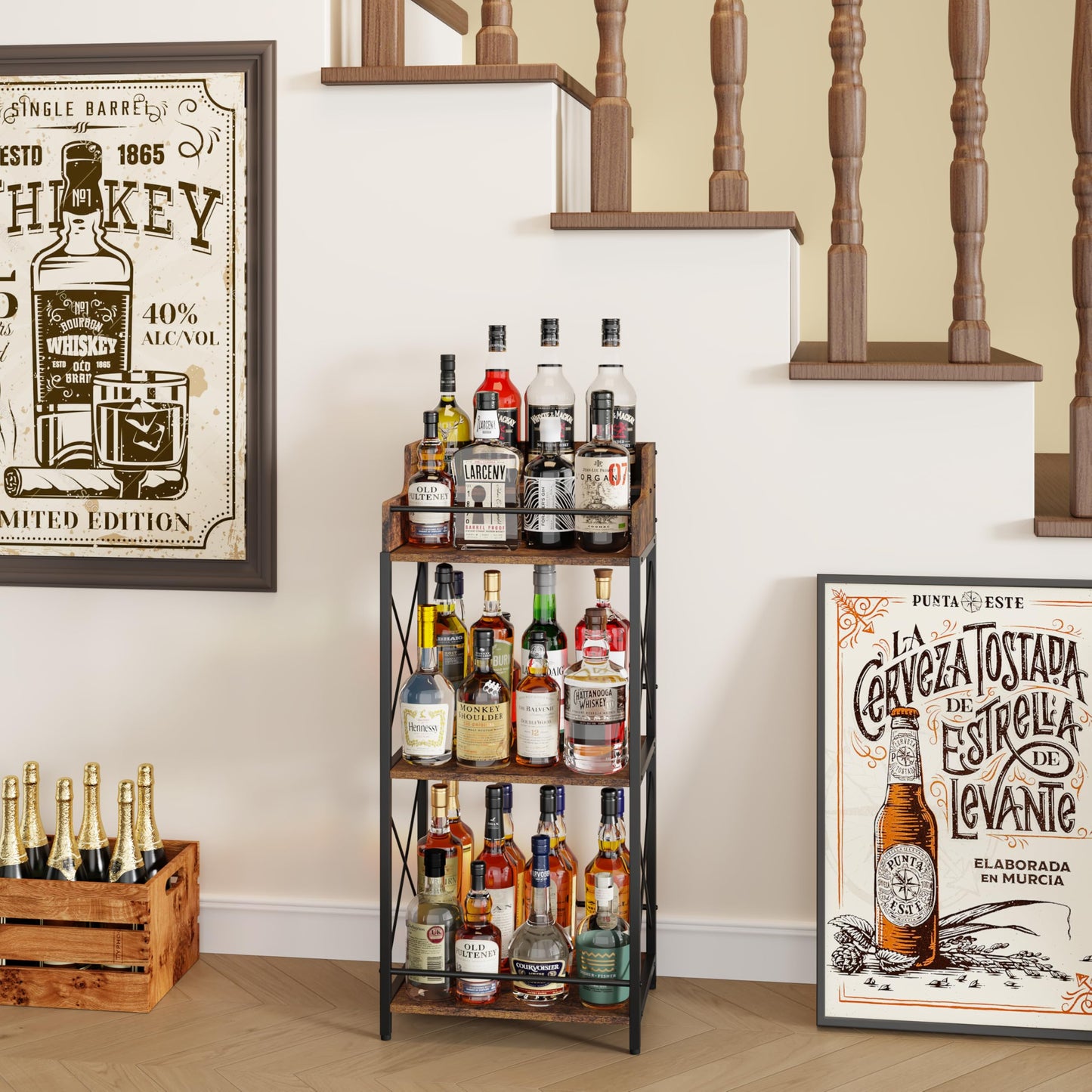 KLM Liquor Bottle Display Shelf, Coffee Syrup Rack Organizer, 3 Step Countertop Wine Rack, Mini Bar, Retro Bar Shelf Stand for Whiskey, Spirits.(Brown)