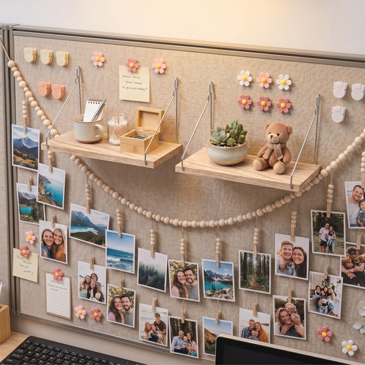 Sieral 48 Pcs Office Cubicle Decor Set, Boho Hanging Photo Display with 24 Wooden Clips, 2 Fabric Wall Shelves, 30 Flower Push Pins, 15 Cubicle Clips, Aesthetic Wall Decor for Office, Dorm & Workspace