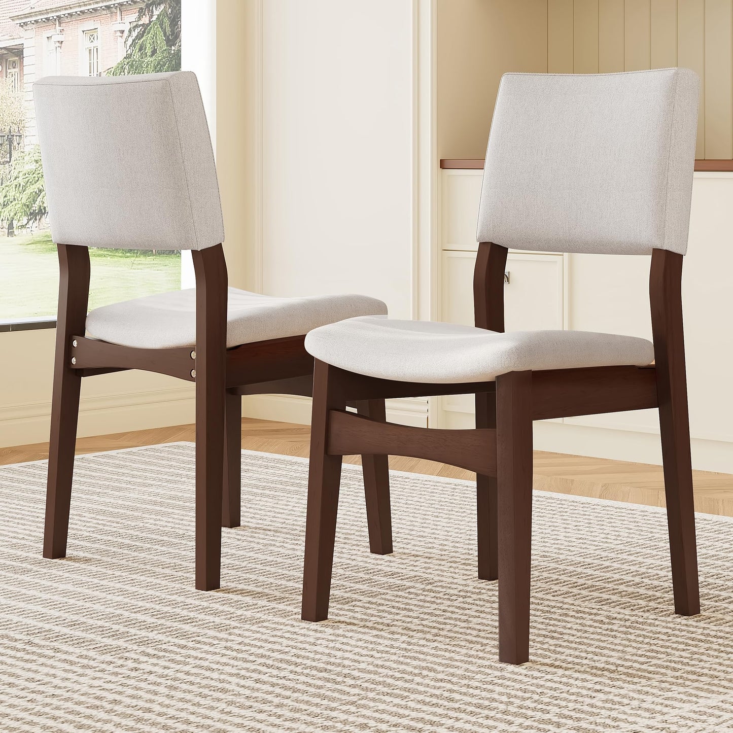 Upholstered Stackable Dining Chairs Set of 2 Linen Fabric Seat Backrest, Solid Wood Frame, Rustic Kitchen Chairs for Dining Room, Living Room, Dark Walnut
