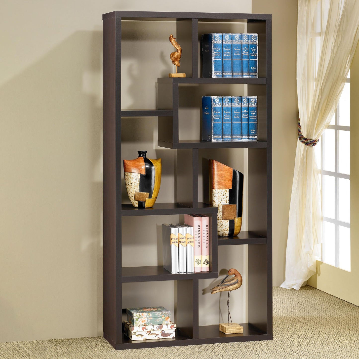 Coaster Home Furnishings - Theo - Wood - Geometric Bookshelf with Open Cubbies and Six Staggered Shelves - Home Office - 71-Inch - Cappuccino - 800264