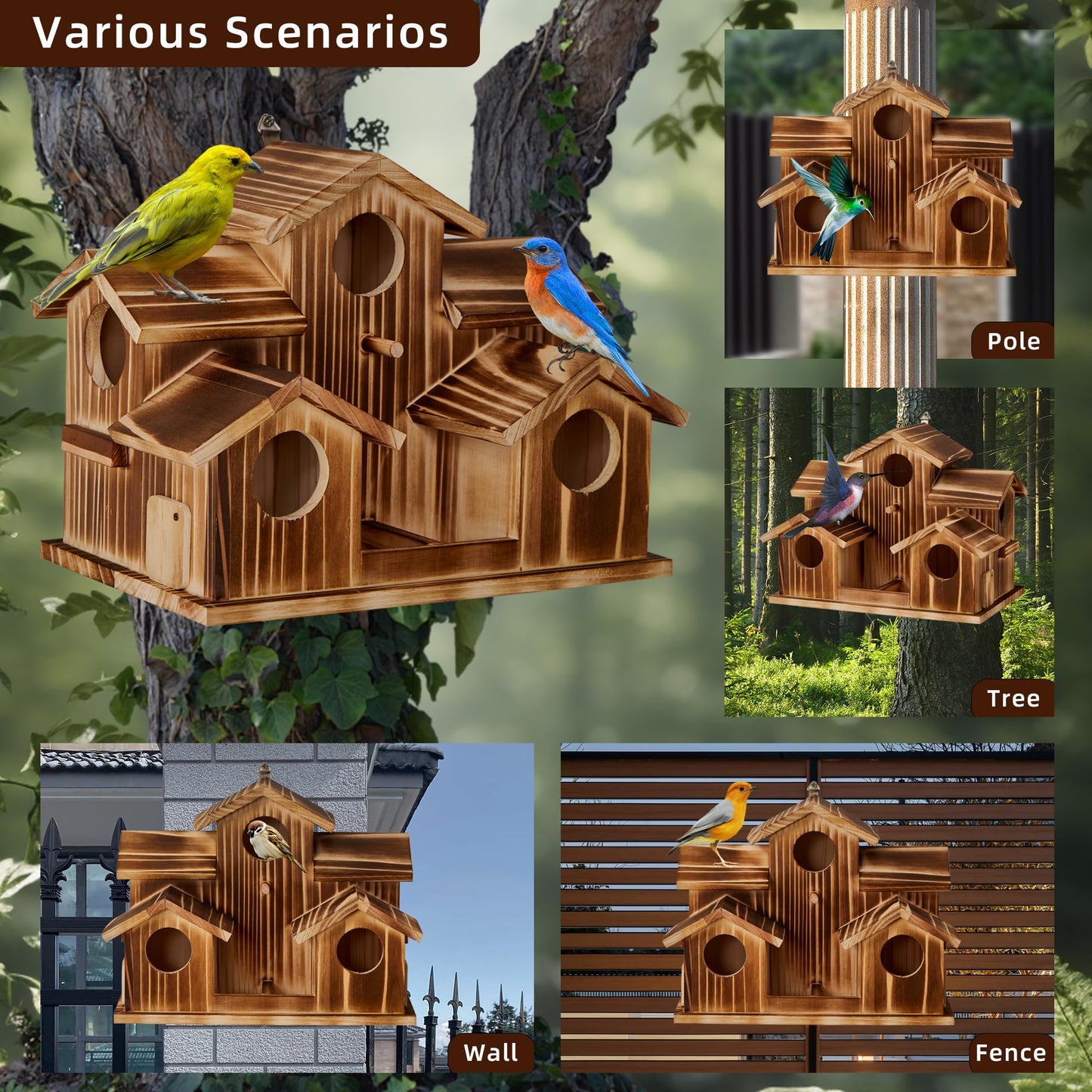 Puyikes Bird House for Outside 5 Hole Bird Houses Room for 5 Bird Families Large Bird House for Garden/Courtyard/Backyard for Garden Decor-Finch Bluebird Cardinals Handmade Wooden Hummingbird House