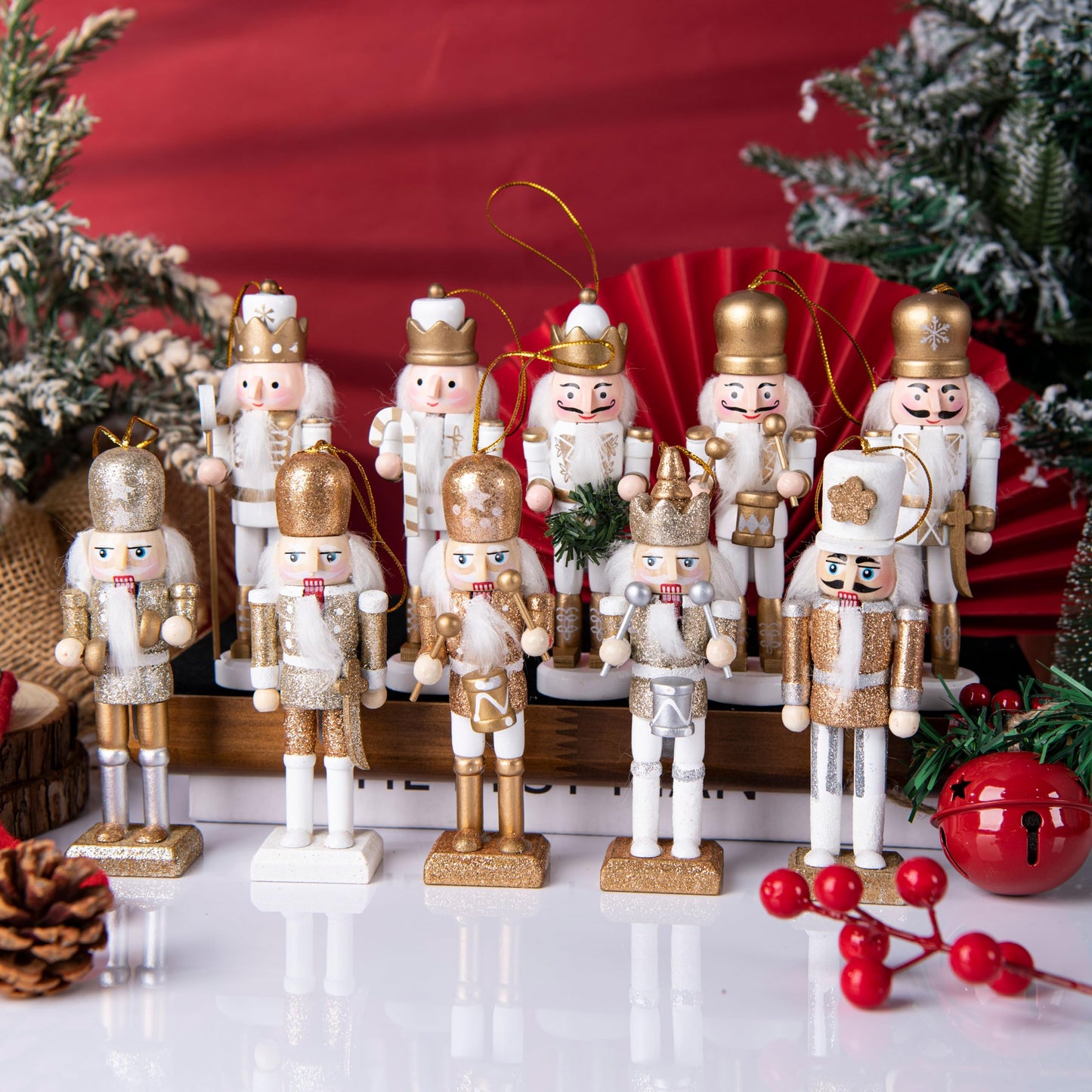 10 Pcs Mini Christmas Nutcracker Ornaments Set Classic Small Wooden Bulk Nut Cracker Figure Decor Wood Miniature Toy Soldier Christmas Tree Topper Decorations, White Silver Glitter Gold, 5 Inch