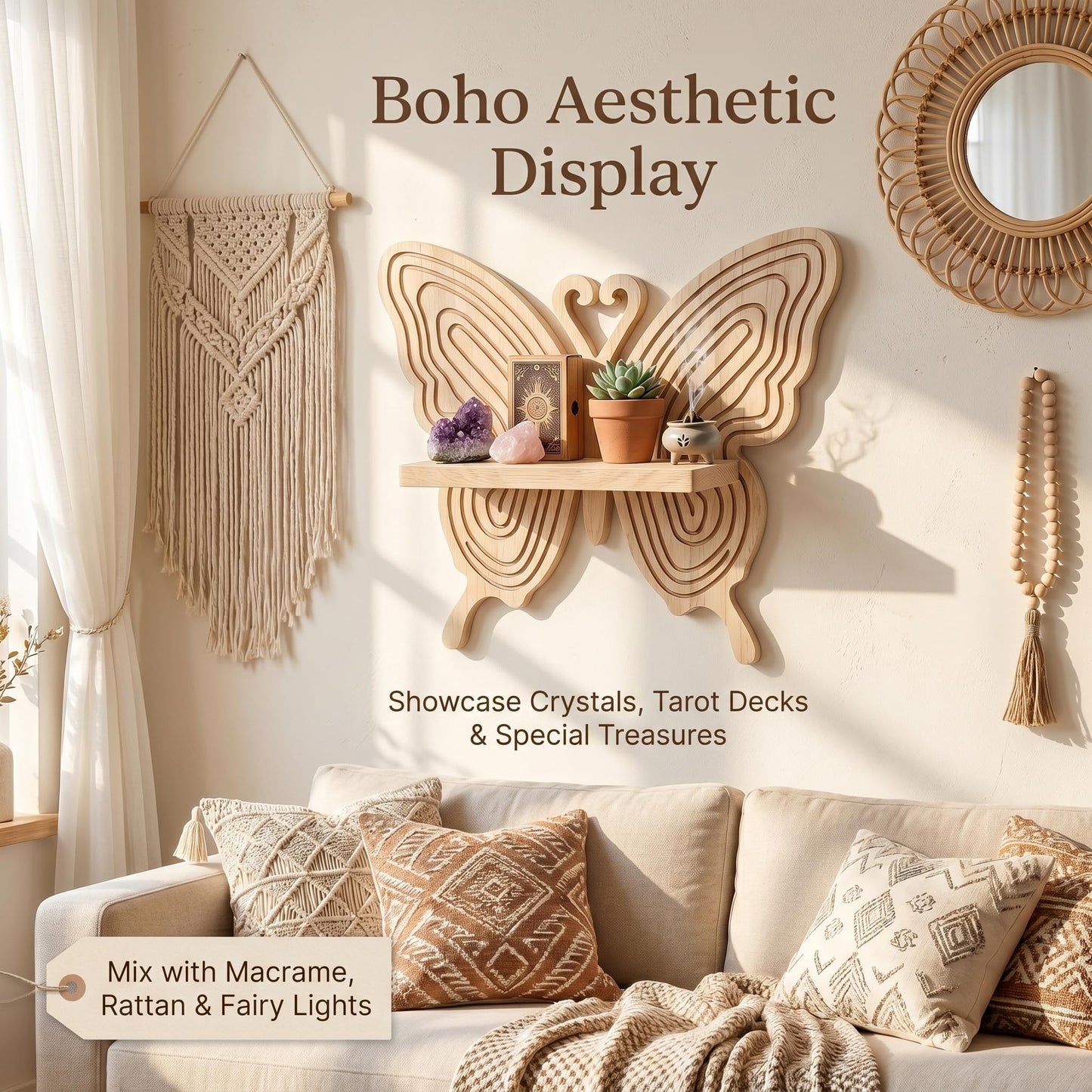 Stylitzy Boho Butterfly Wooden Floating Wall Shelf, Carved Wood Wall Art Decor, Wall Mounted Display Rack for Plants, Photos & Figurines, Hanging Storage Shelf for Bedroom Living Room