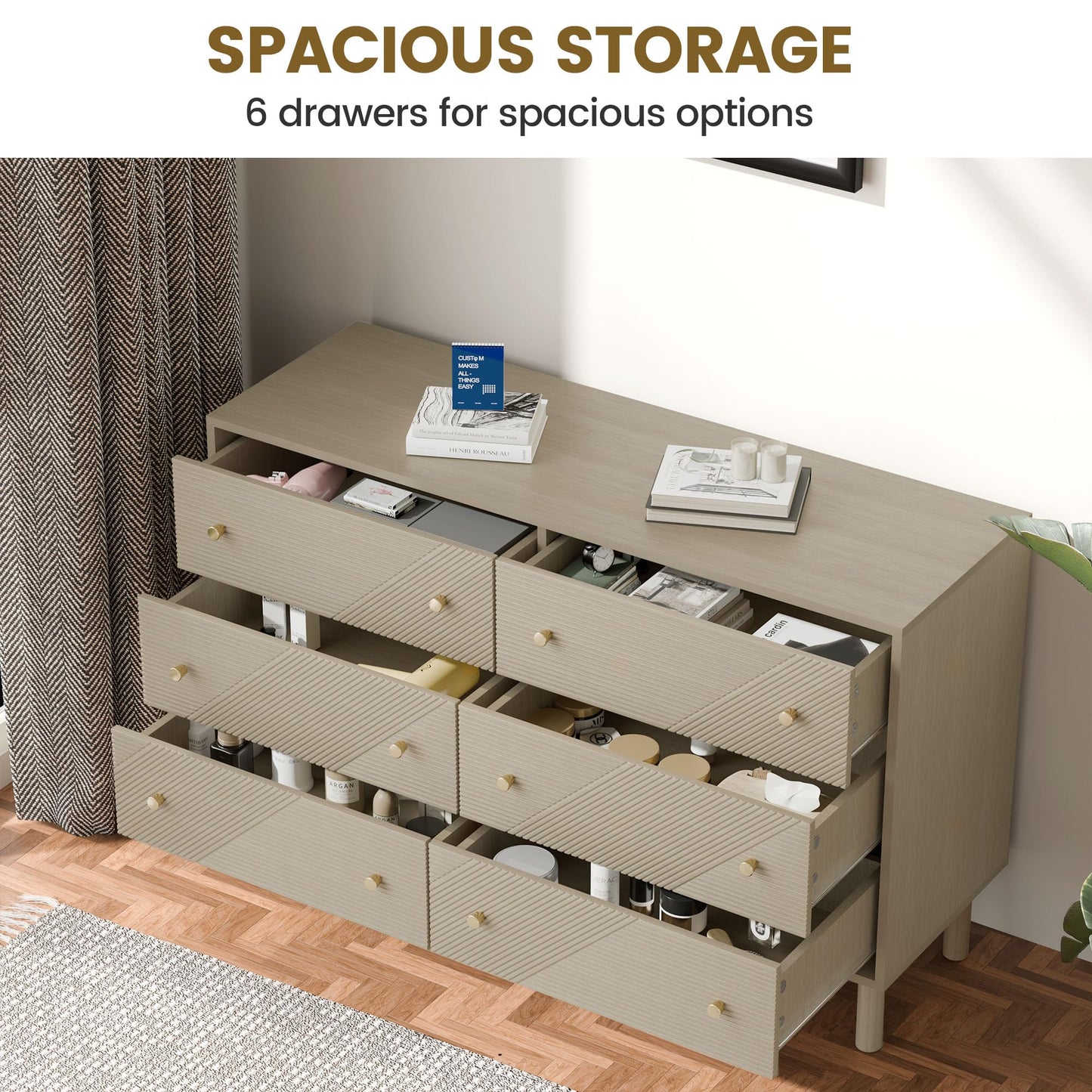 TRUNBACK Storage Drawers, 6 Drawer Dresser with Handles, 48" Wide Modern Wood Dresser Storage Cabinet Storage Chest for Living Room, Entryway, Hallway