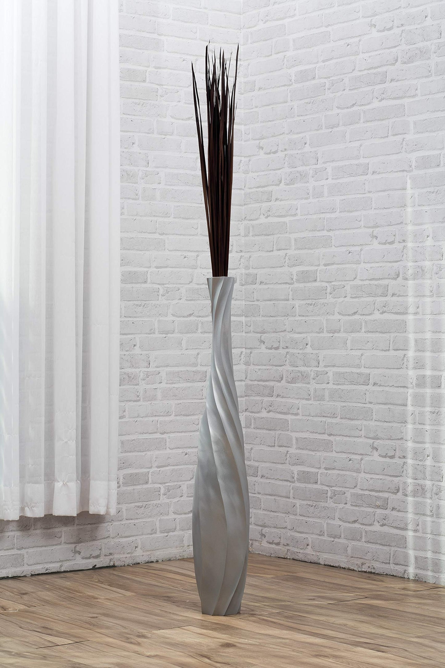 Leewadee Large Silver Home Decor Floor Vase - Wooden 34 inch Tall Farmhouse Decor Flower Holder for Fake Plant and Pampas Grass