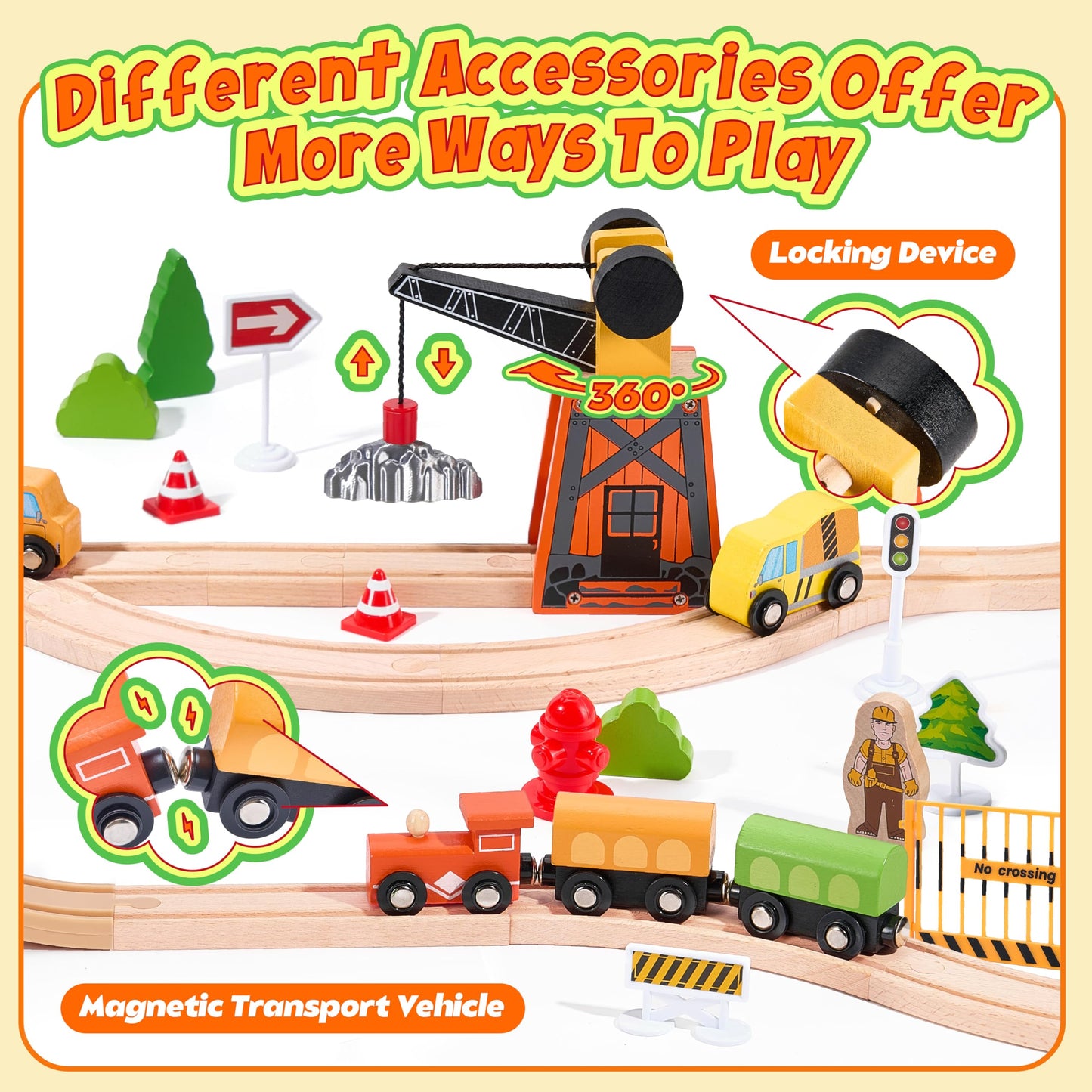 Wooden Train Set 102-Piece for Toddlers Kids Ages 3-8, Double-Sided Expandable Train Track with Puzzles & Magnetic Crane Toys, STEM Railway Playset Gifts Compatible with Major Brands for Boys Girls