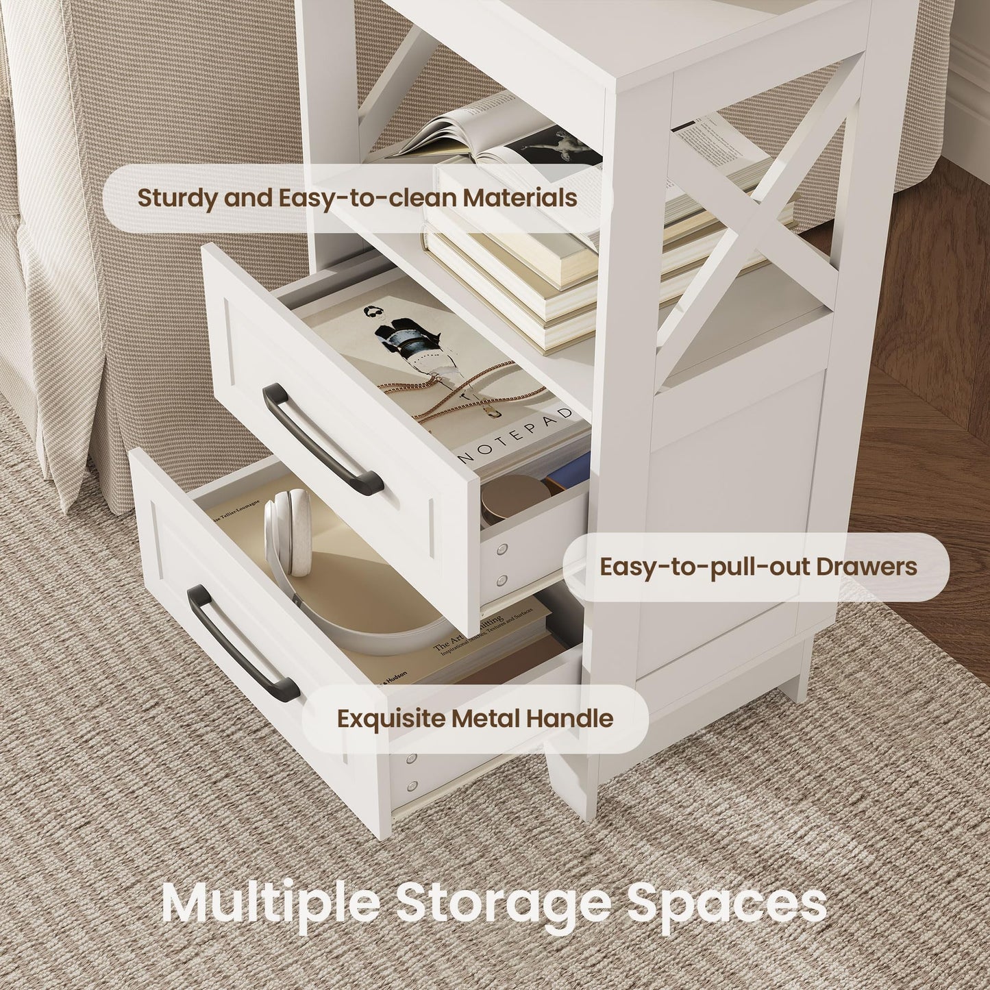 ZYKZYK Tall Nightstand Set of 2 Side Table with 2 Drawers Modern Night Stand Wooden End Table Bedside Table with Upper Open Shelf Solid Feet for Bedroom, White