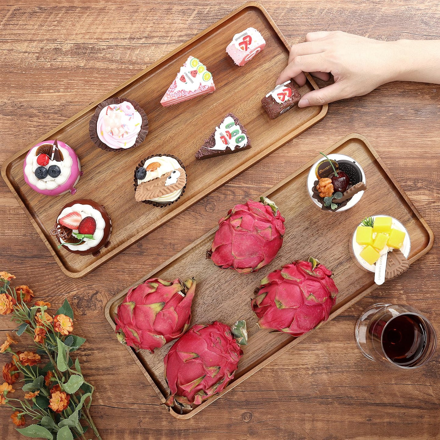 Charmlife 1 pcs 15.7" x 7" Large Solid Acacia Wood Serving Tray Rectangular Wooden Serving Platter Natural Wooden Board for Bar Coffee Party