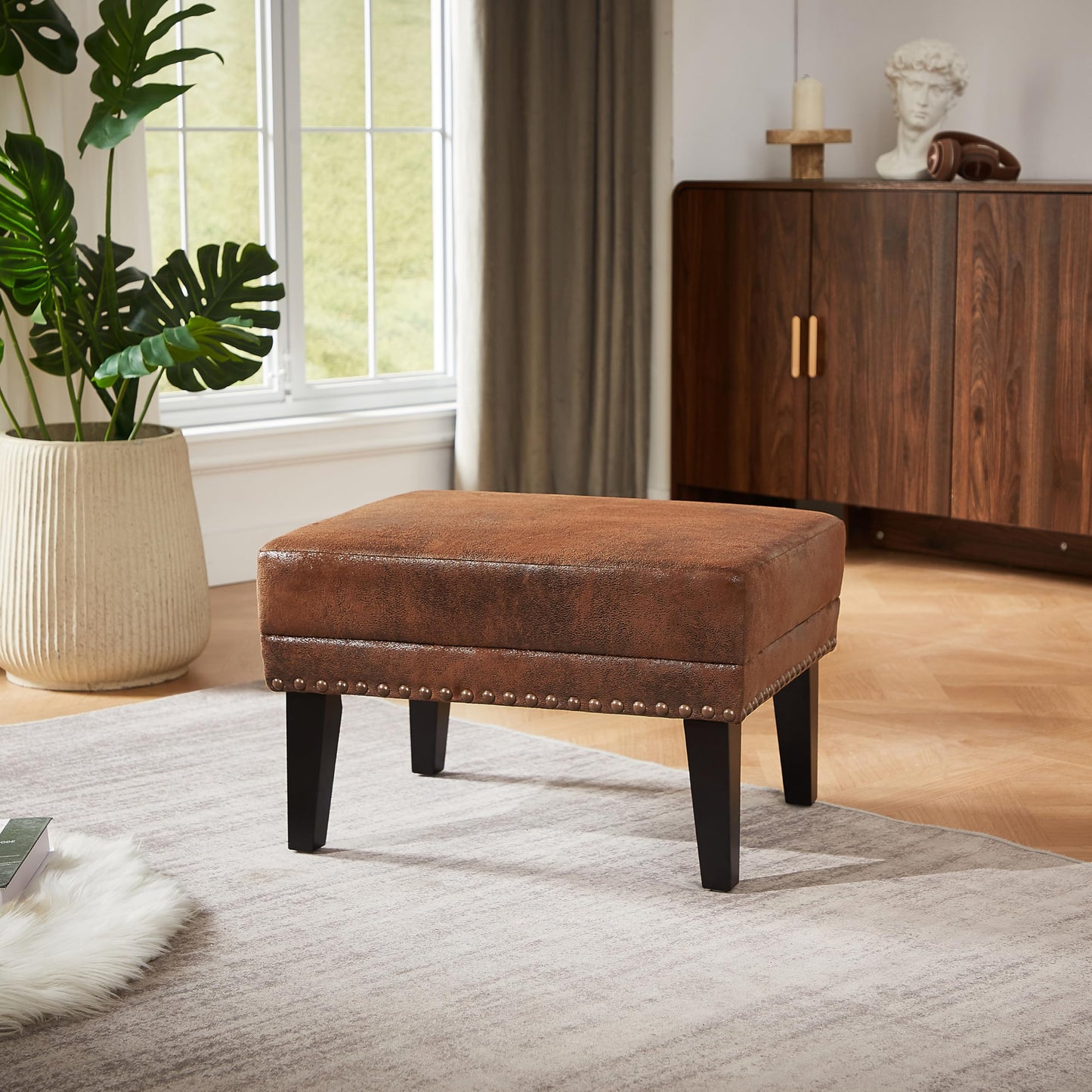 Christopher Knight Home Elber Mid-Century Modern Upholstered Ottoman Coffee Table, Small Living Room Sofa Footrest, Wooden Rectangular Ottoman Footstool, Brown