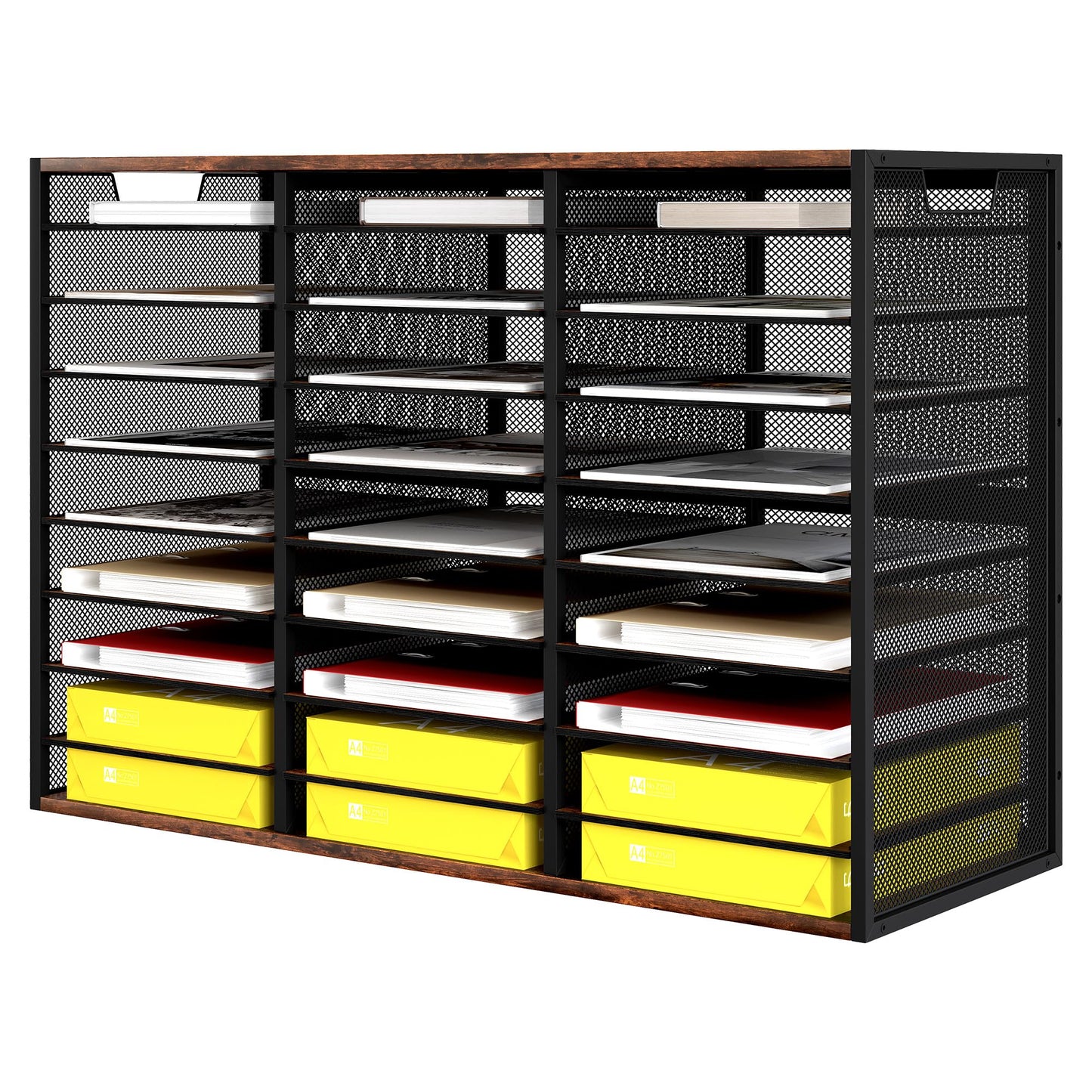 TQVAI 27 Compartments Desktop Literature Organizer, Metal Frame Paper Sorter with Handles, Heavy Duty Mailbox for Classroom and Office, Wood File Organizer for Document, Bill, Magazine, Antique Brown