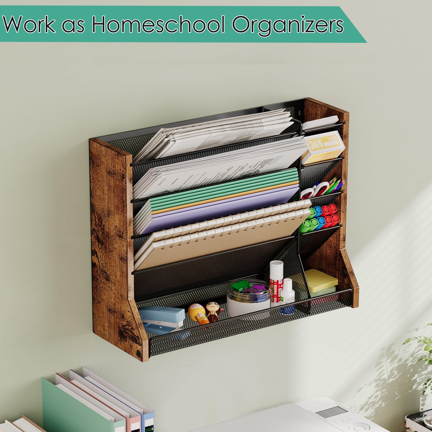 Jakyitvi Wall Desk File Organizer 5 Tiers, Ironwood Hanging File Organizer with R-shaped Tray, Wall File Holder for Office Home, 4 Pull-Out Divider and Pen Slots to Sort File,Mail,Newspaper,Pen, Brown