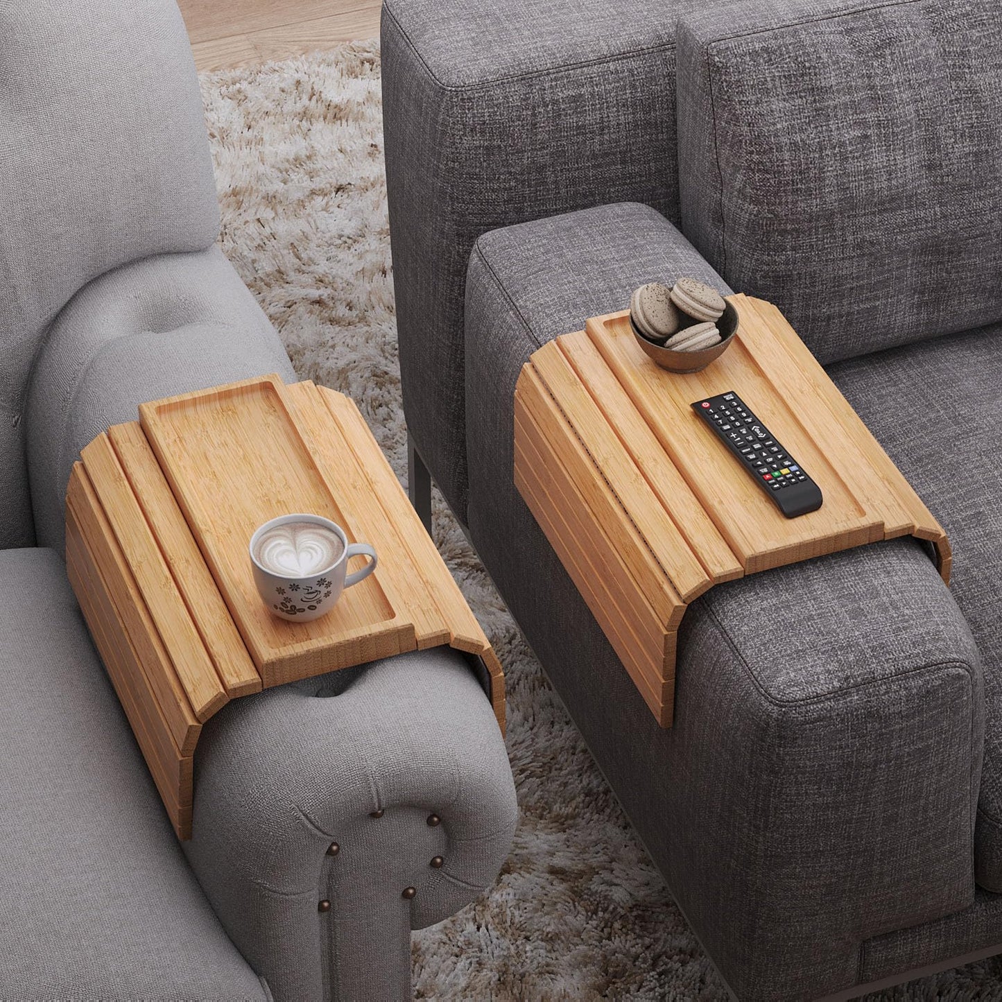 Danfoxer 2 Pack Sofa Arm Tray,Bamboo Folding Couch Arm Tray,Sofa Armrest Tray with Anti-Slip Pad for Drinks,Snacks,Phone,Remote Control（Natural）