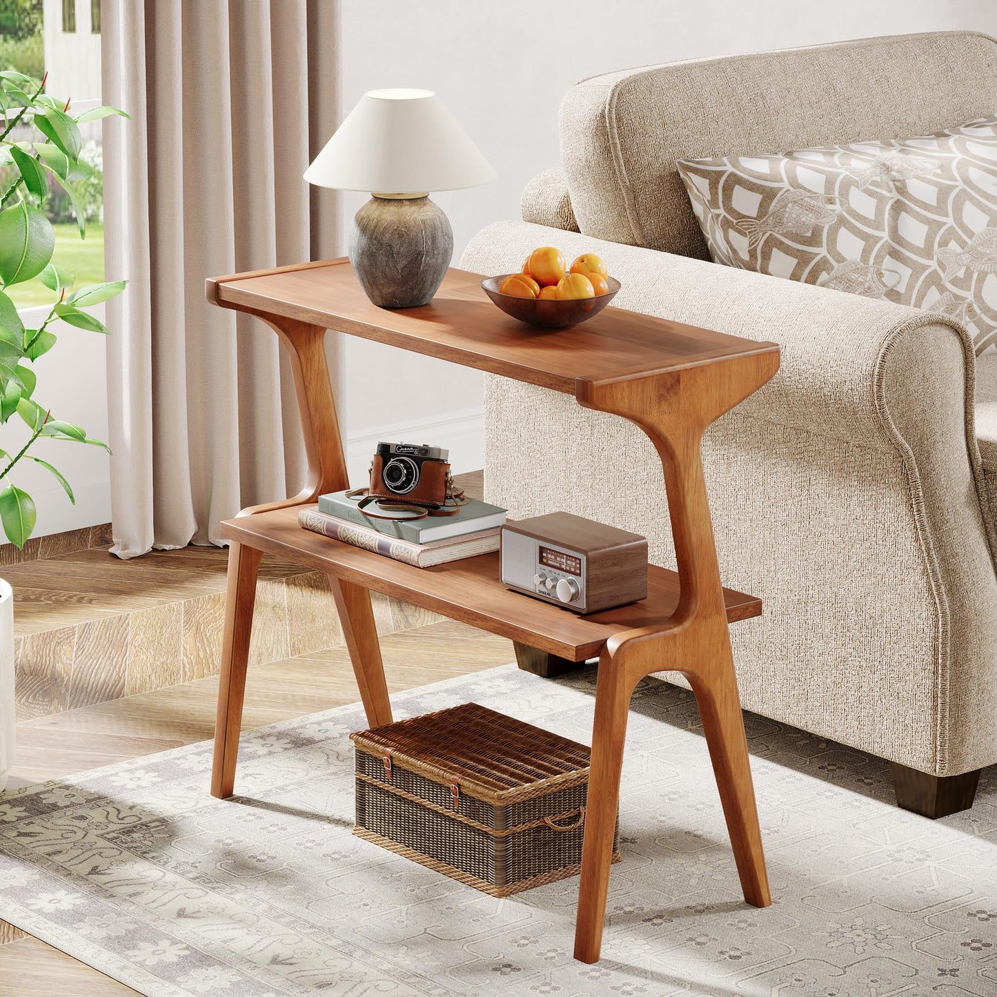Tribesigns 2-Tier Solid Wood Side Table, Mid-Century Modern End Table with Storage Shelves, Tall Slim Side Table for Couch with Unique Legs, Long Bedside Table for Bedroom, Living Room, Cherry
