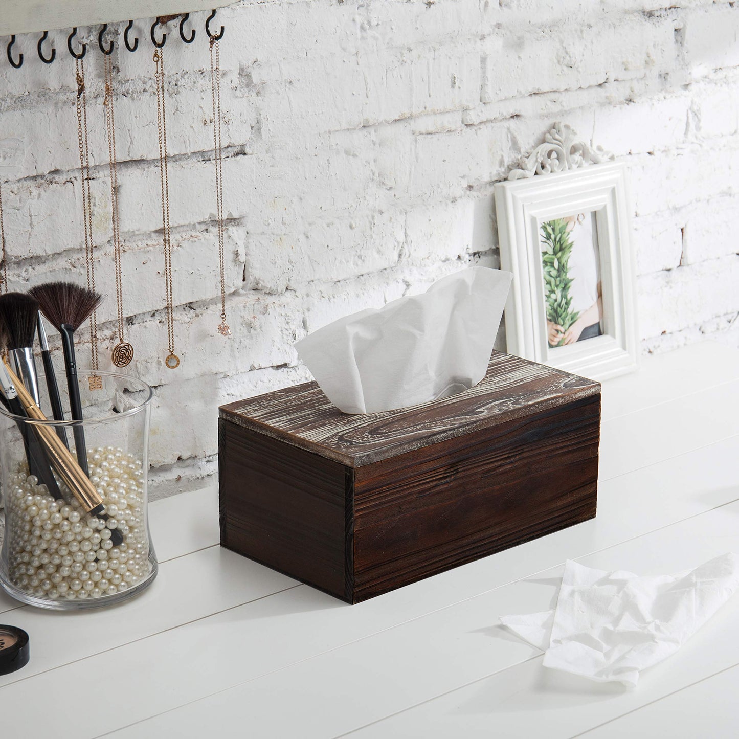 MyGift Rustic Brown Wooden Tissue Box Holder with Torched Wood Finish Cover, Rectangular Facial Tissue Box Cover with Natural Wood Grain Texture