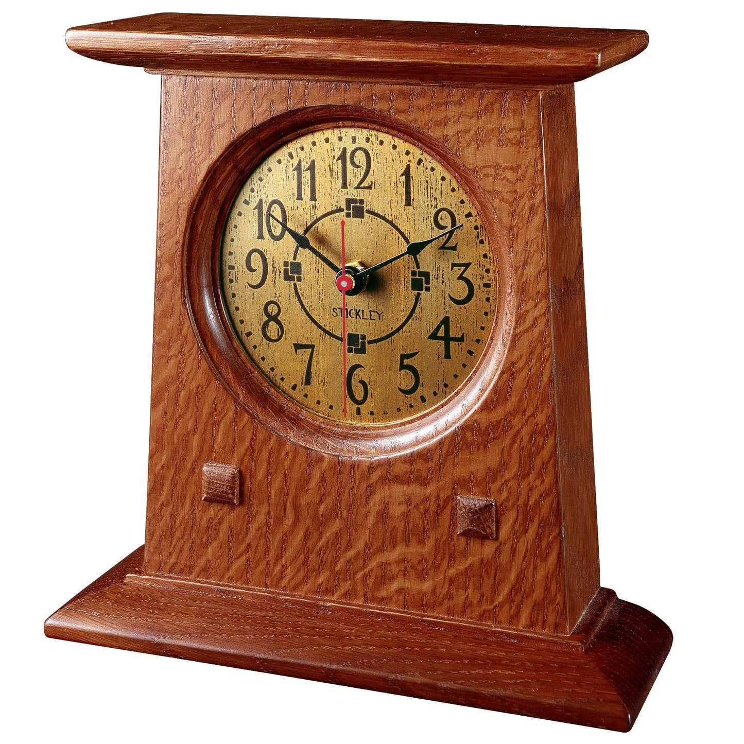 Stickley Prairie Mantel Clock, Solid Oak, Brass Clock Face, Mission Prairie Style, AA Battery Included, Gift Box, 8.25in HW x 2.75in D x 8.5in H