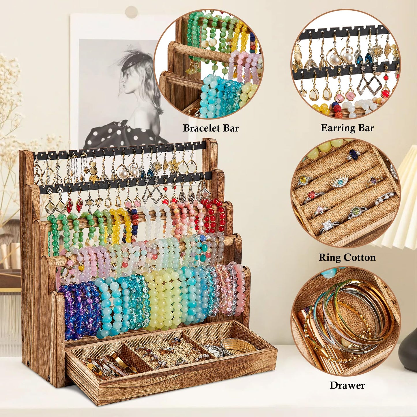 Pinzoveco Bracelet Holder, 3 Tier Rustic Bracelet Holder Display with 2 Tier Earring Organizer, 5 Tier Wooden Jewelry Display for Vendors, Home and Store