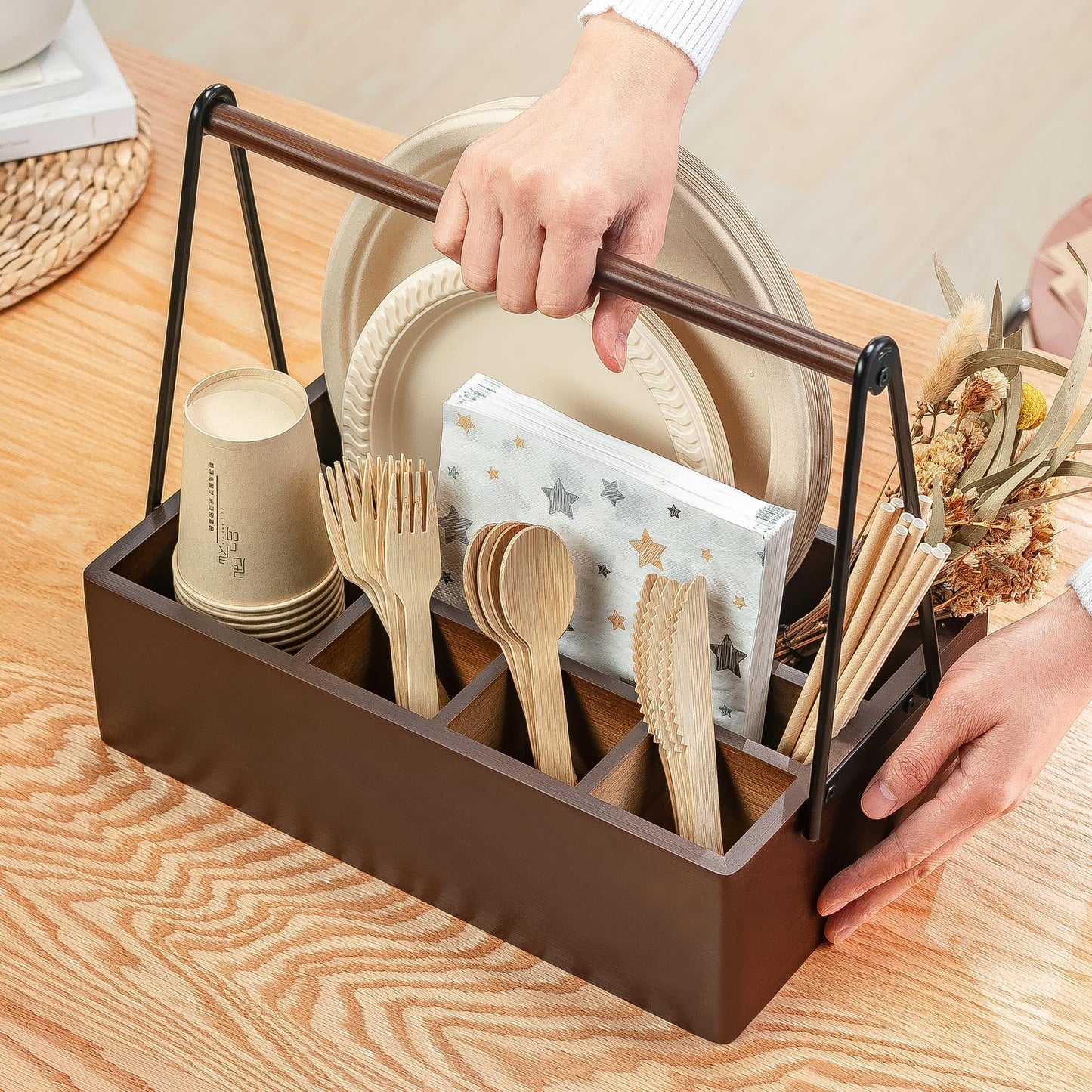 PTSTING Silverware Caddy with Handle Acacia Wood Utensil Holder Paper Plate Dispenser for Countertop Flatware Organizer Box for Spoons Forks Plates Cups Napkins