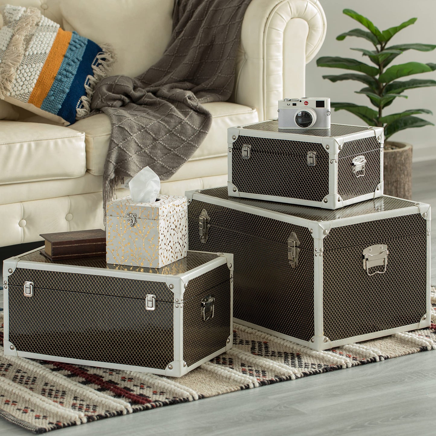 Vintiquewise Faux Leather Storage Trunk Set of 3
