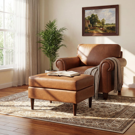 Christopher Knight Home Dalla Faux Leather Ottoman Coffee Table, Small Living Room Sofa Footrest, Wooden Rectangular Ottoman Footstool, Guest Extra Seat, Tan Brown+Walnut