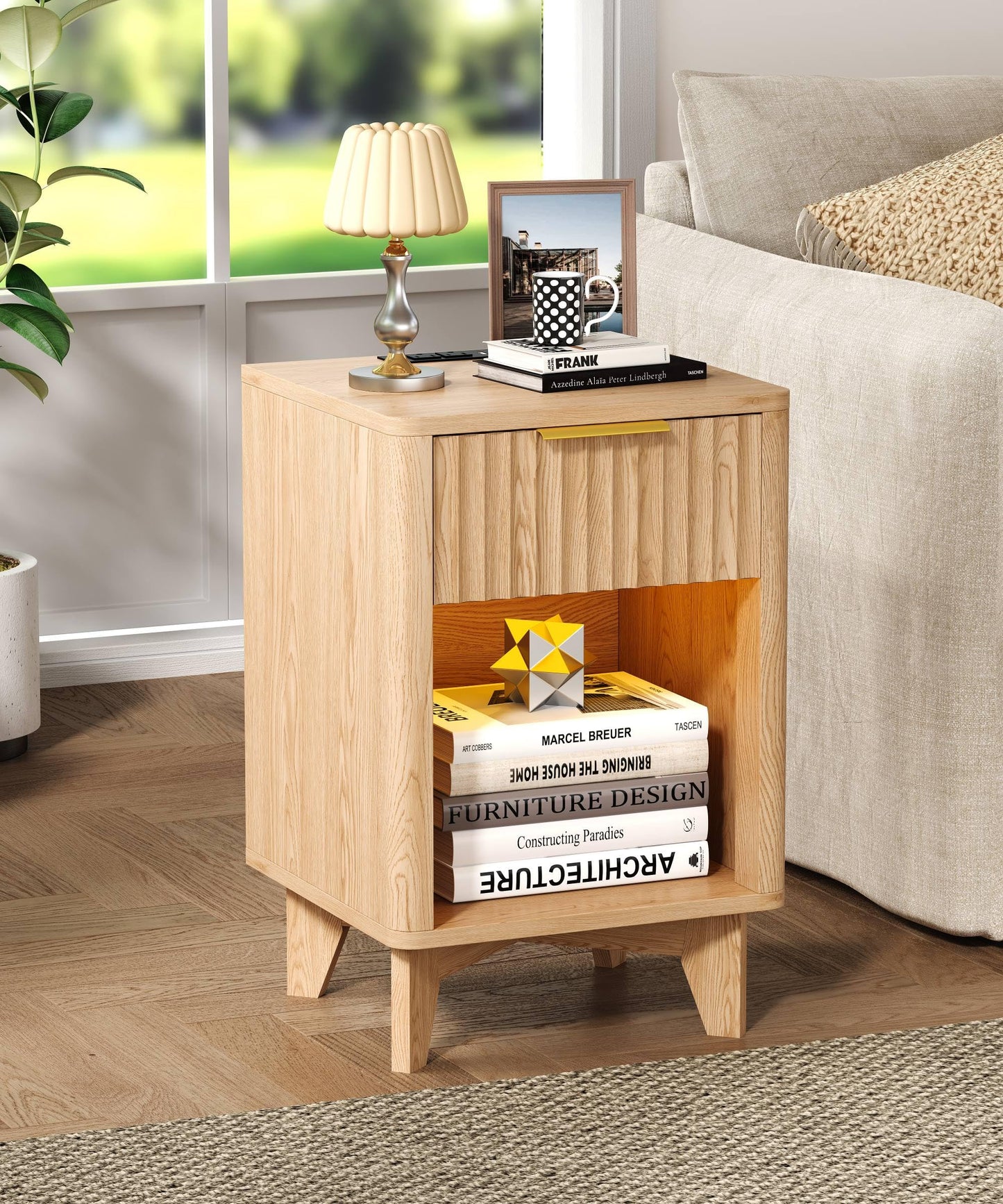 Zeibospri Fluted Nightstand Set of 2, Wooden Night Stand with Charging Station and LED Light, Modern Mid Century End Table with Drawer, Bedside Table for Bedroom, Natural Oak