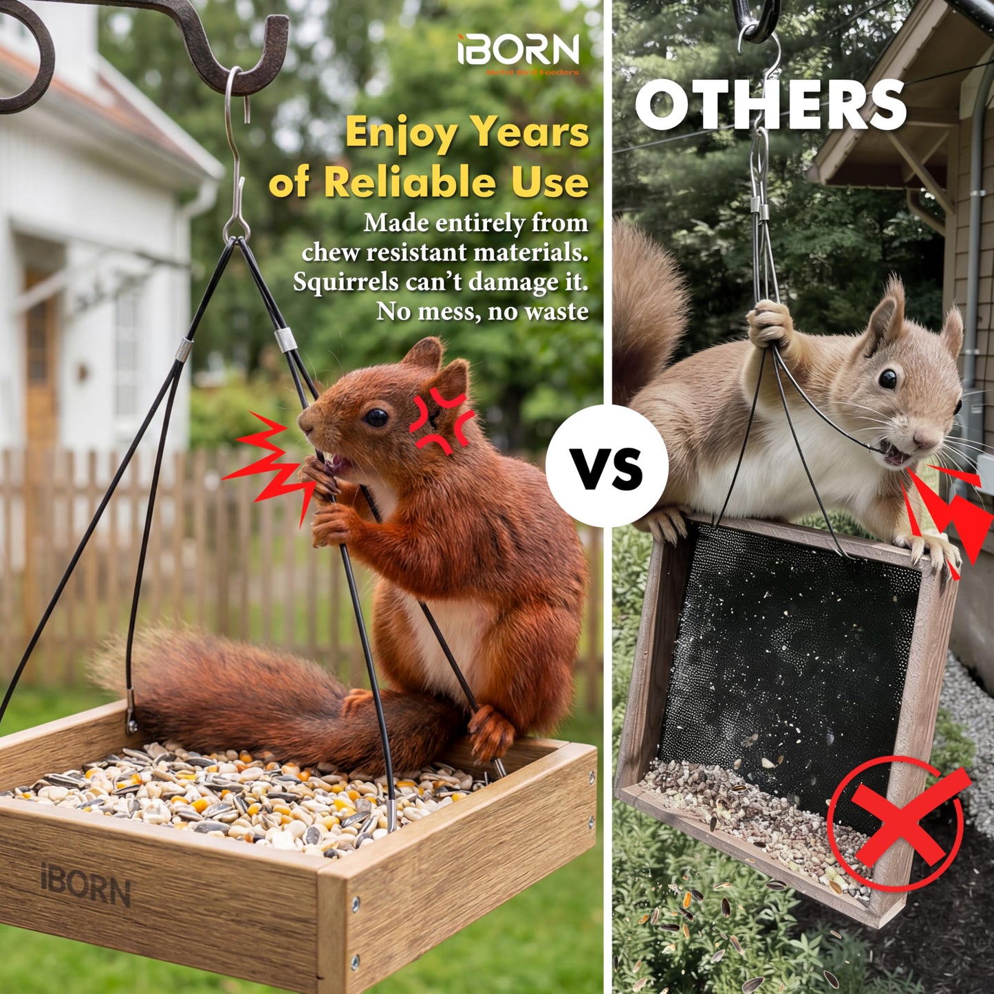 iBorn Platform Bird Feeder Tray, Chew Proof Bird Feeders for Outdoors Hanging, Flat Birdfeeder Tray with Large Capacity 3LBS, WPC Recycled Plastic & Cedar Look, Waterproof, 10.5"x10.5", Raw