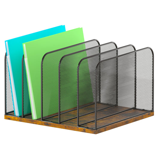 Piskyet Wooden Desk File Organizer, 5-Section Vertical File Folder Holder Stand,Metal Mail Paper Chromebook Organizer for Teacher Desk Office Classroom Desktop Organization