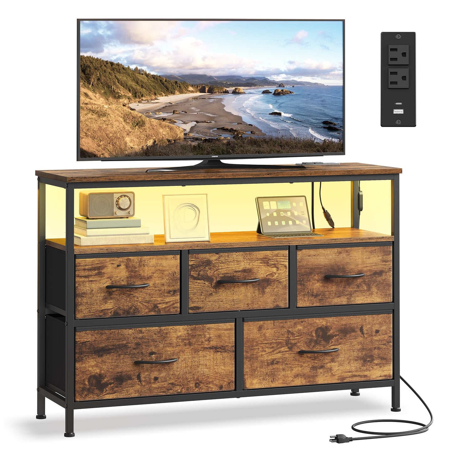 SONGMICS BELLAH Collection - Dresser for Bedroom with App-Controlled LED Lights and Charging Station, Chest of Drawers, TV Stand, 5 Drawers, Shelf, Industrial, Rustic Brown and Ink Black ULGS723KD05S