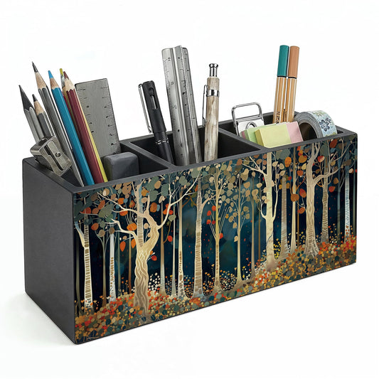 AEREYGBJYJ Rustic Autumn Forest William Morris Inspired Wooden Pencil Pen Holder for Desk Organizers and Accessories, Vintage Botanical Nature Makeup Brush Holder Organizer for Bathroom Vanity