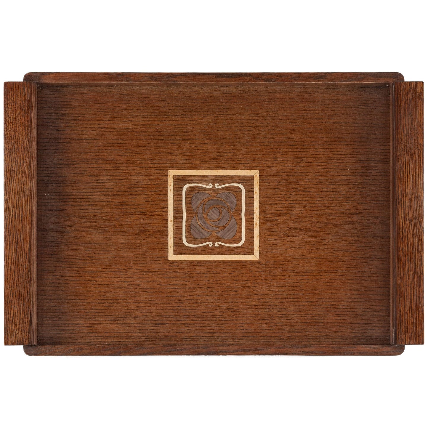 Stickley Mission Rose Serving Tray, Solid Oak in Natural Finish, Decorative Inlay of Maple, Bird's-Eye Maple & Walnut, Mission Style, Gift Box, 20.75in W x 14in D