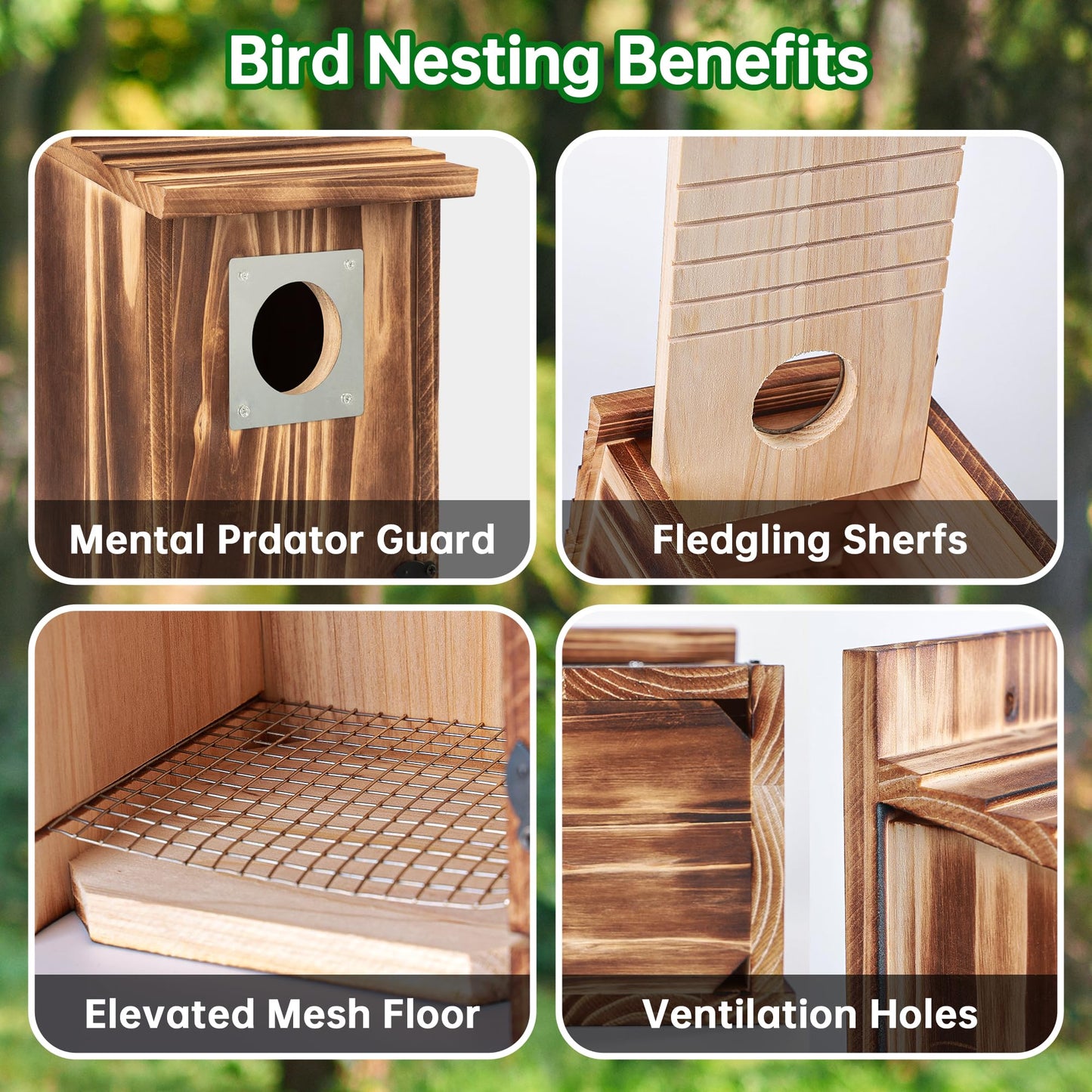 2 Pack Bird Houses for Outside with Metal Predator Guard for Bluebird Wren Swallow Finch, Carbonized Wooden Nesting Boxes for Outdoor, Sturdy Bird House,Easy to Clean