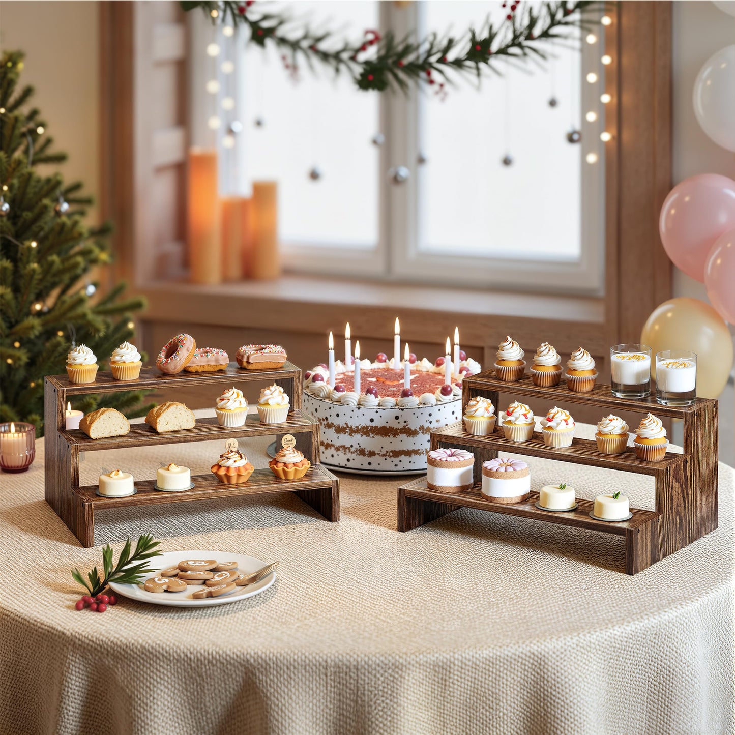 Evermagin 2PCS Wooden Display Risers Set for Birthday Parties, 3 Tier Cupcake Stands for Dessert Table, Rustic Dessert Table Display, Buffet Risers Display Stands for Vendor Events