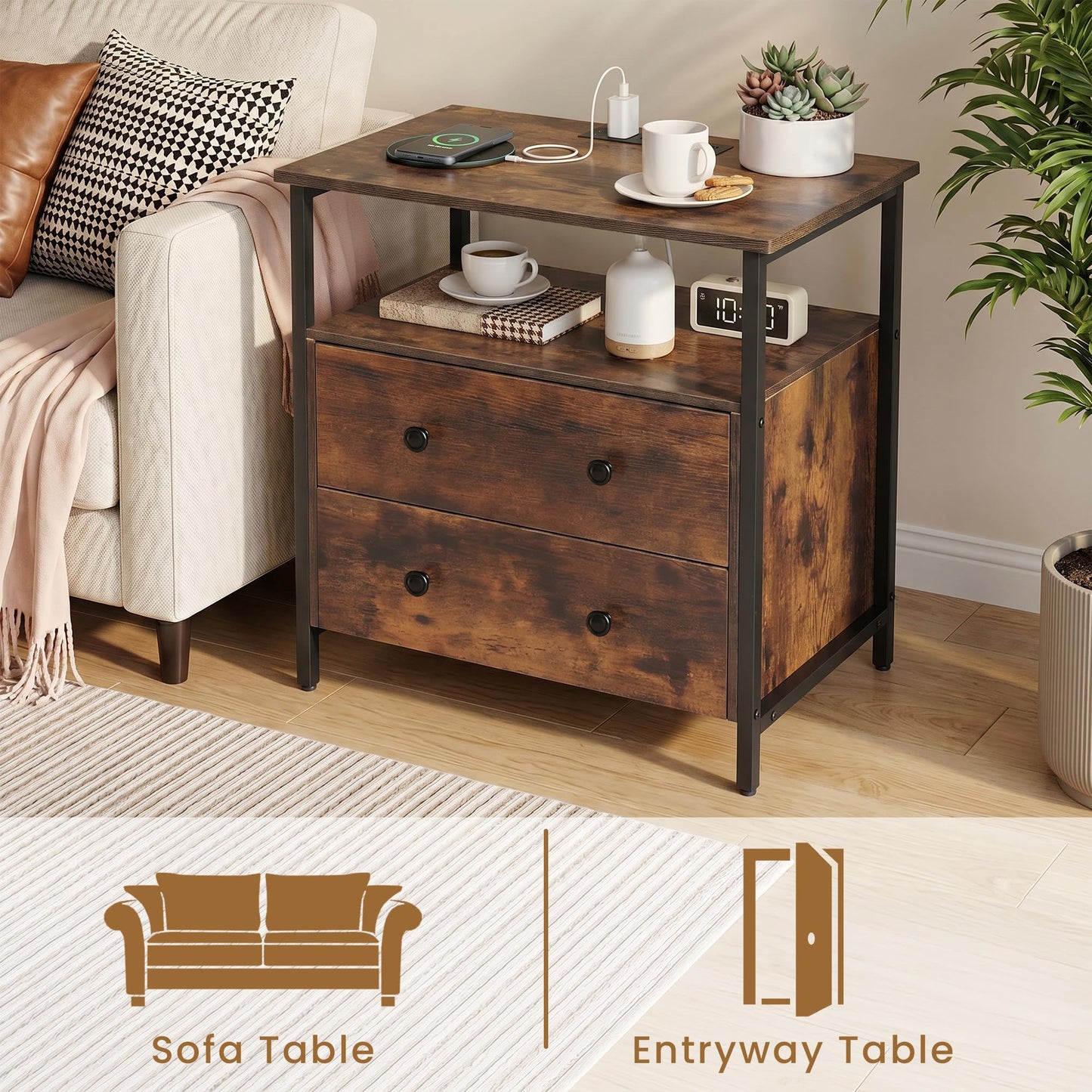Edbuosy 27 inch Wide Night Stand with Charging Station, Bedside Table with Open Shelf, 2 Drawers Small Wood Dresser, Modern Wood Nightstand for Bedroom/Living Room, Retro Brown
