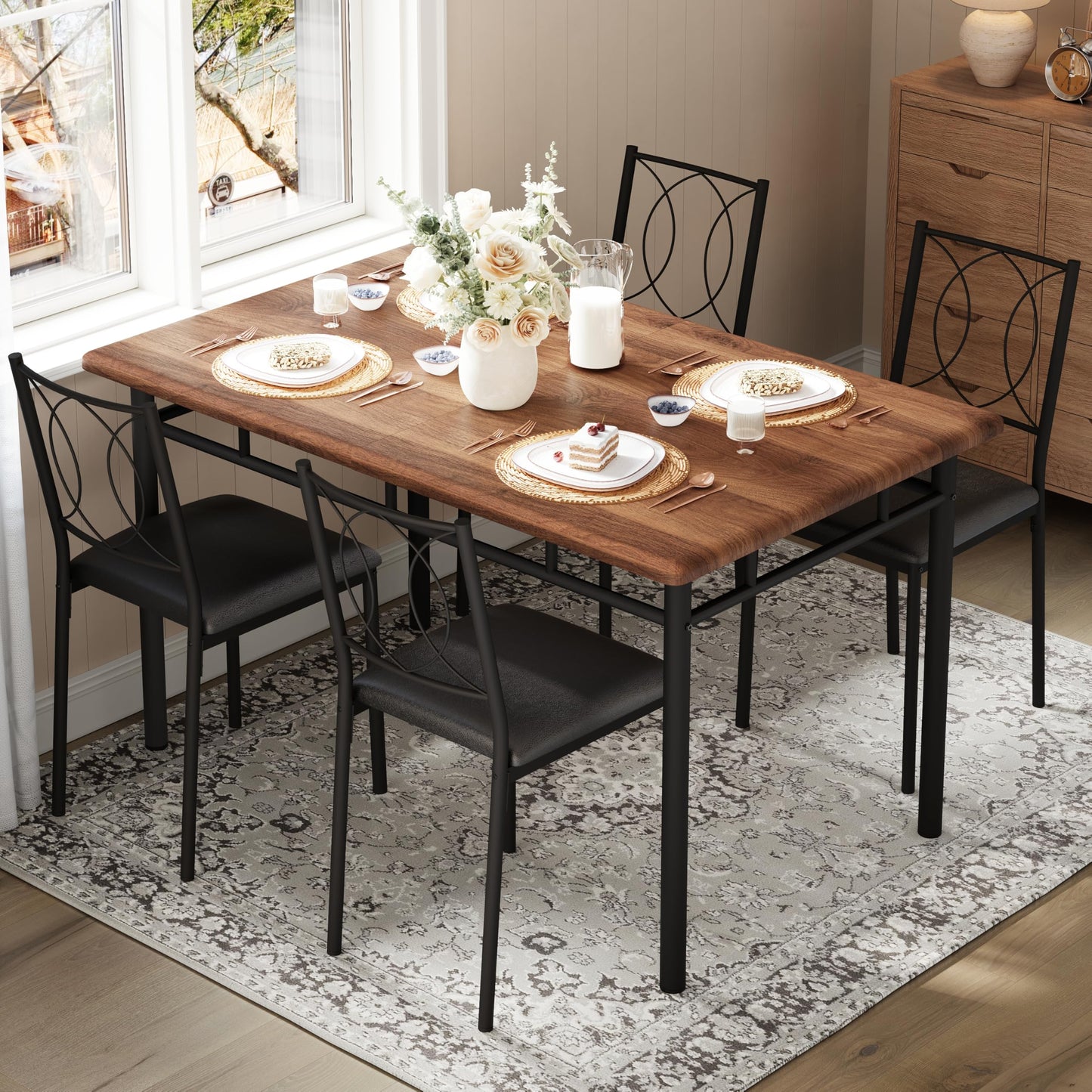 IDEALHOUSE Space-Saving 5-Piece Dining Table Set for 4 – Farmhouse Wooden Table with Upholstered Chairs – Compact Dining Furniture for Small Spaces, Easy to Clean – Walnut Color