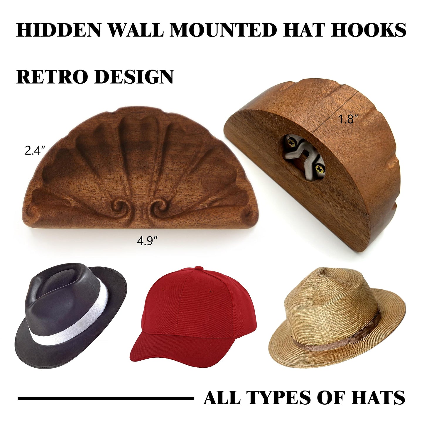 HHMKK Hat Hooks for Baseball Caps, Retro Hat Holder Wooden for Wall Display, Hat Hanger Organizer for Cowboy Hat Beach Hats, Natural Curved Hat Rack for Wall Door Closet - 2 Pack